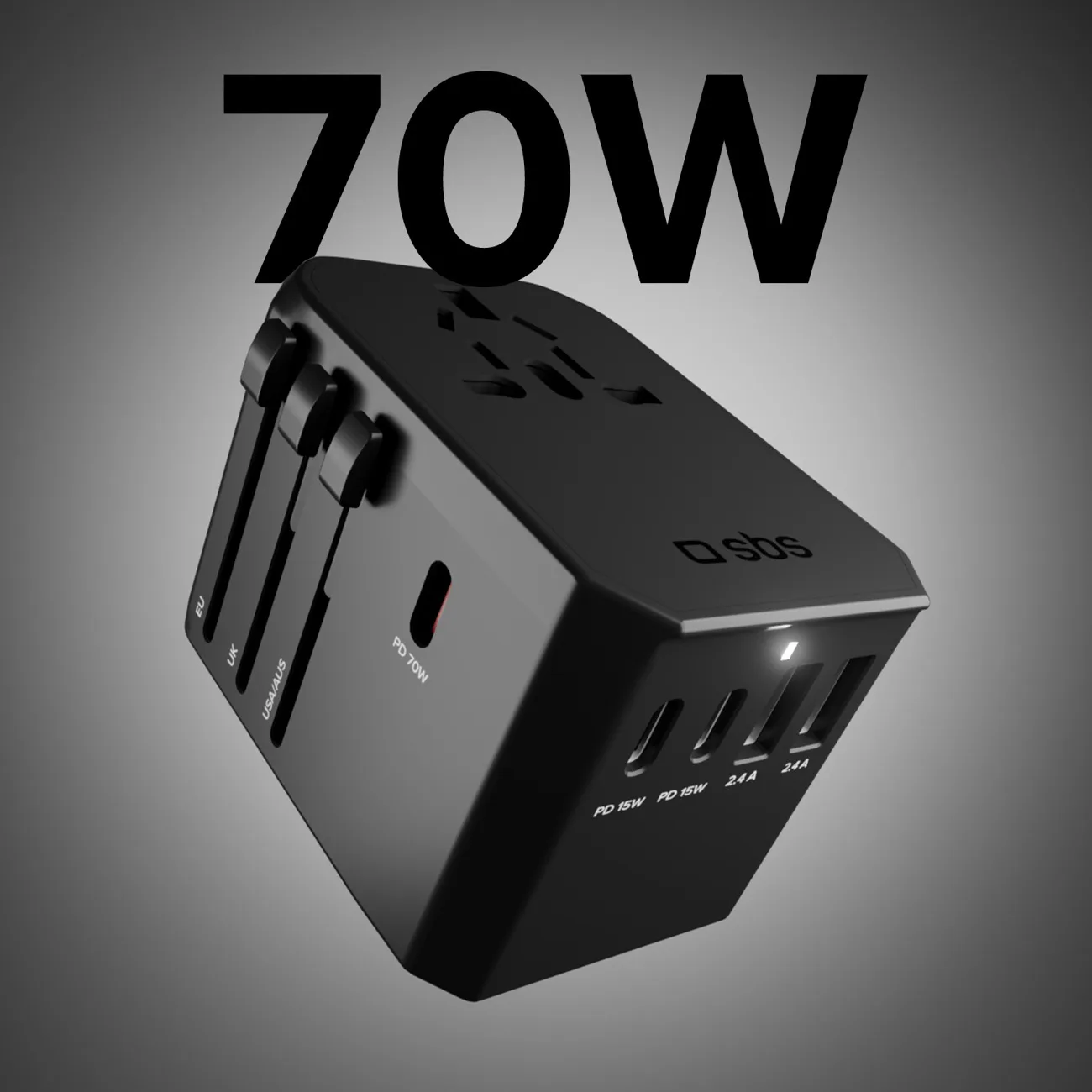 Adapter podróżny przejściówka do gniazdek EU UK US AUS USB-C USB-A GaN 70W - czarny 4