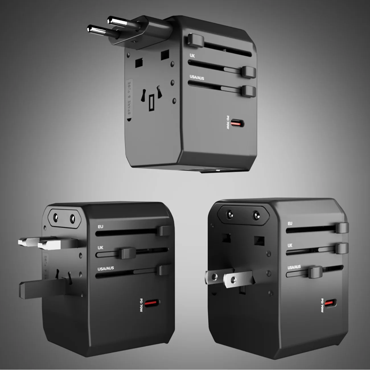 Adapter podróżny przejściówka do gniazdek EU UK US AUS USB-C USB-A GaN 70W - czarny 5