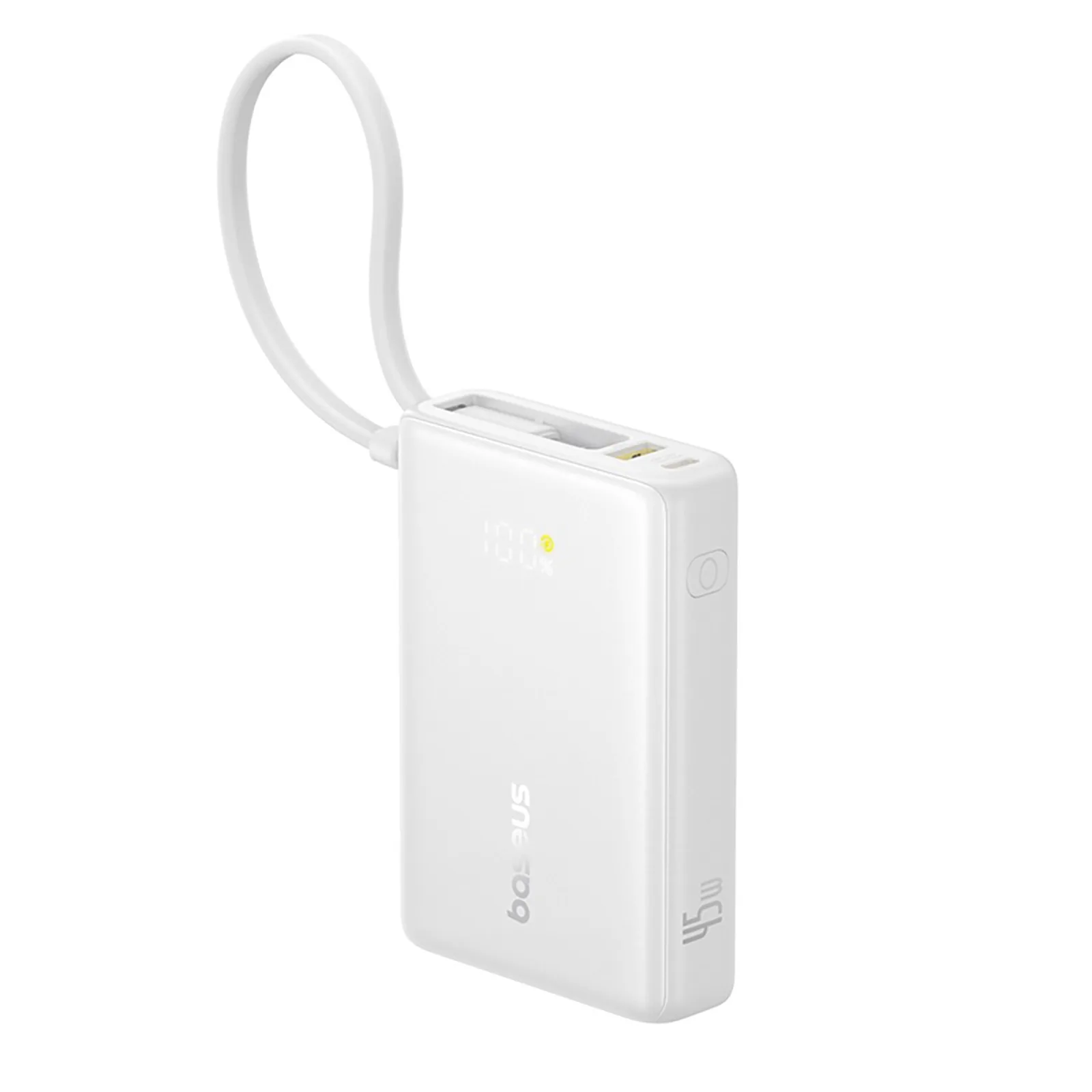 10000mAh 45W-os PicoGo USB-A USB-C Power Bank beépített kábellel és kijelzővel - fehér színben