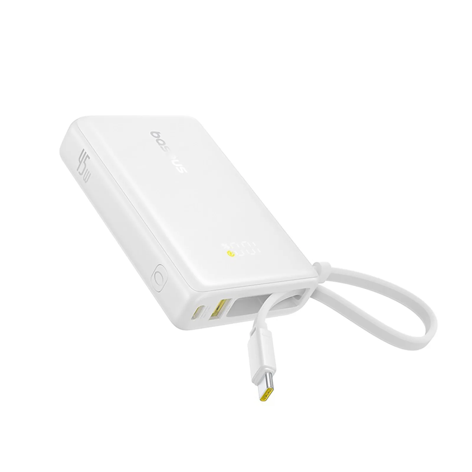 10000mAh 45W-os PicoGo USB-A USB-C Power Bank beépített kábellel és kijelzővel - fehér színben