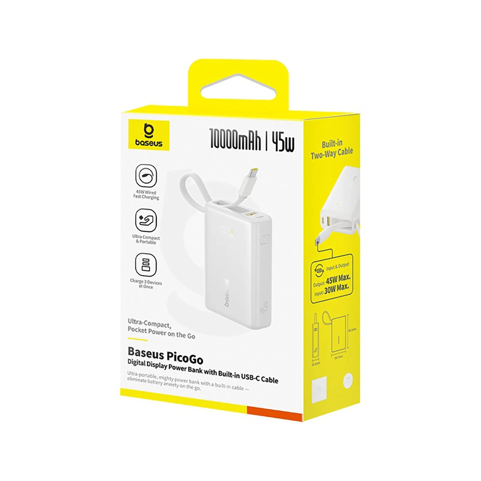 10000mAh 45W PicoGo USB-A USB-C Power Bank s ugrađenim kabelom i zaslonom - bijela 4