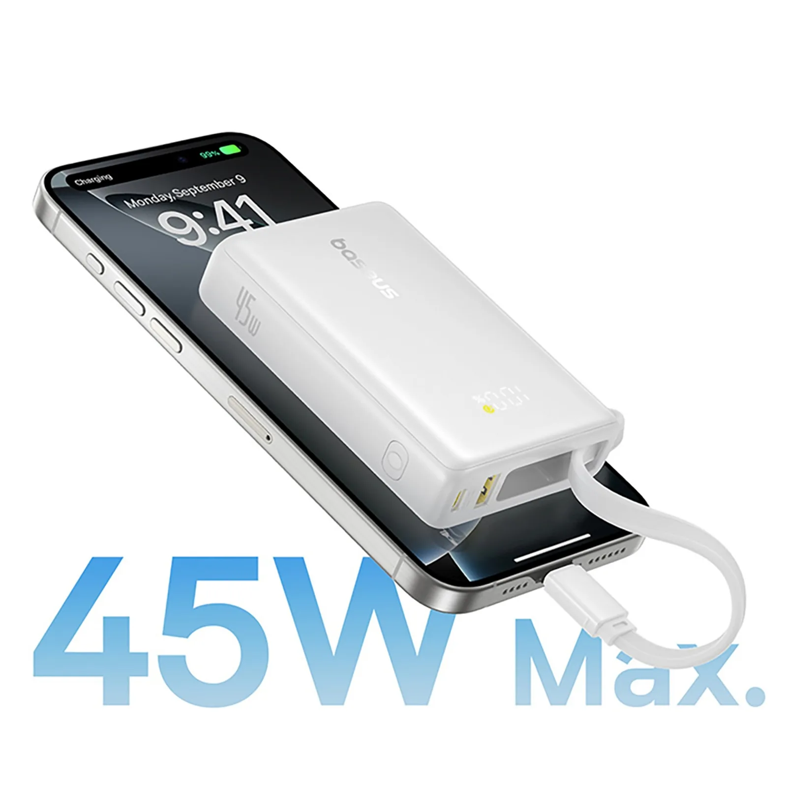 10000mAh 45W PicoGo USB-A USB-C Power Bank s ugrađenim kabelom i zaslonom - bijela 6