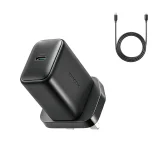 Váltakozó áramú töltő kábellel, brit csatlakozó, USB-C, 25W, 1m - fekete