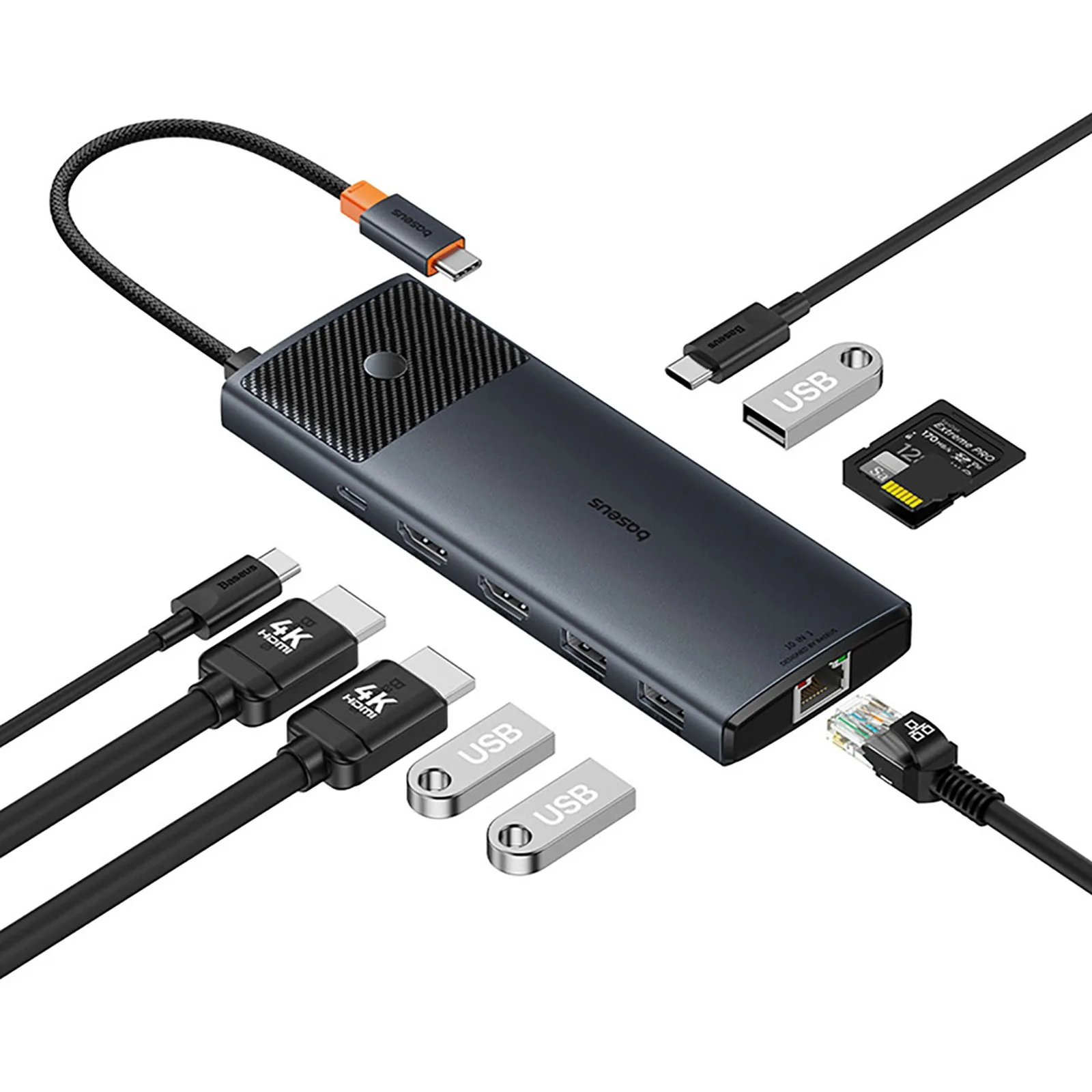 HUB adapter rozdzielacz 10w1 HDMI USB-A USB-C RJ45 SD TF - szary 5