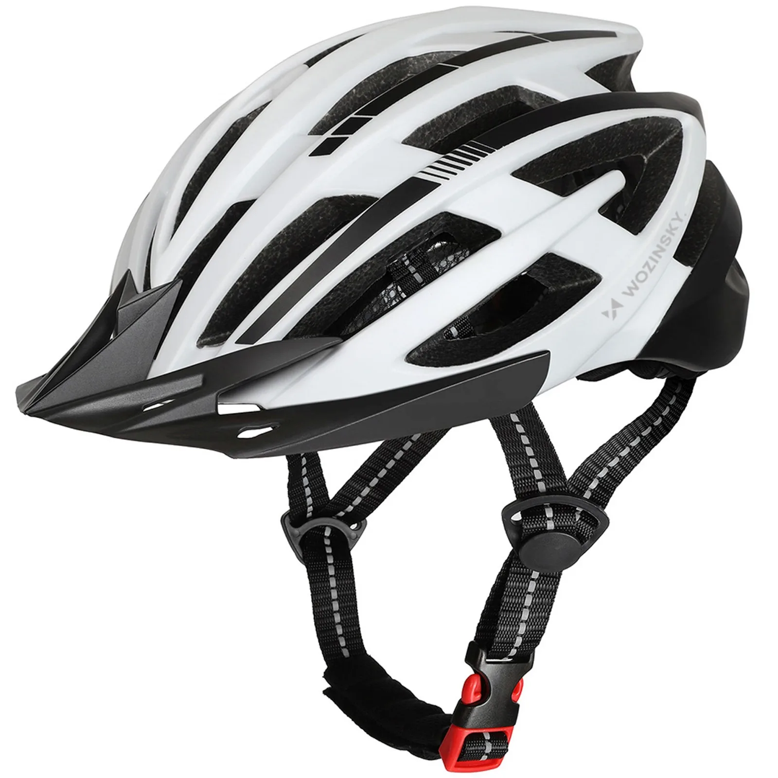 MTB kerékpáros sisak levehető napellenzővel és USB hátsó lámpával, 54-57 cm - fekete-fehér