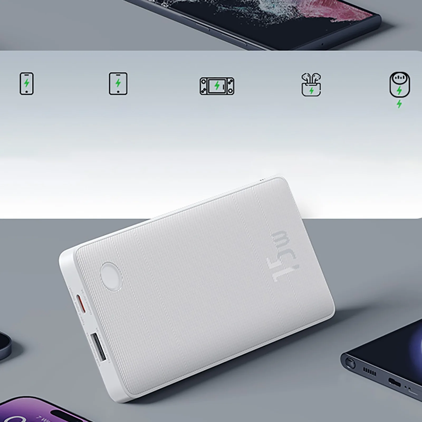 Airpow Lite 10000mAh 15W Powerbank mit 30 cm langem USB-A-zu-USB-C-Kabel – Weiß 10