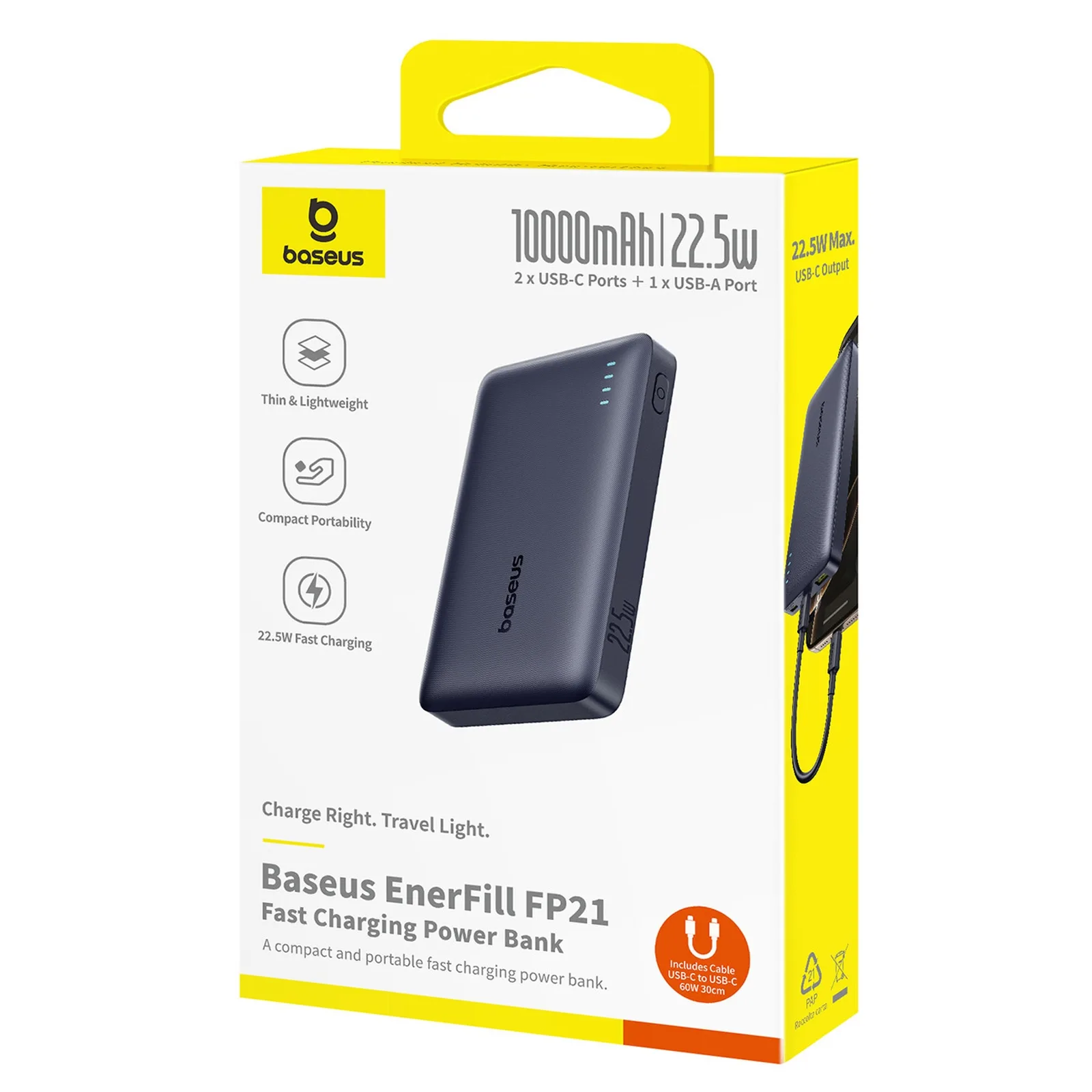 Powerbanka EnerFill FP21 s kapacitou 10 000 mAh a výkonom 22,5 W s portmi USB-A a USB-C a káblom USB-C – čierna 7