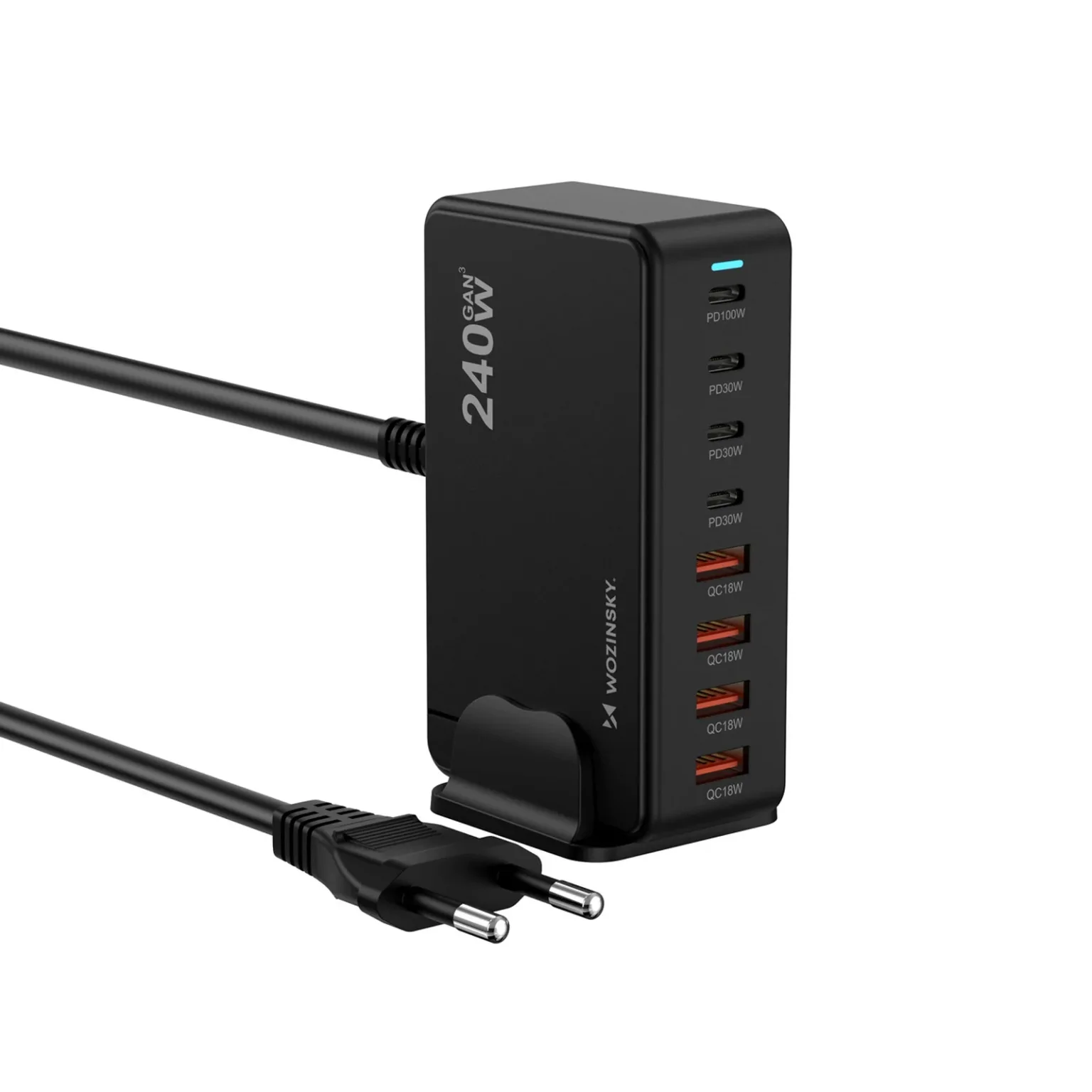 4x USB-A, 4x USB-C GaN QC3 240W asztali töltőállomás - fekete