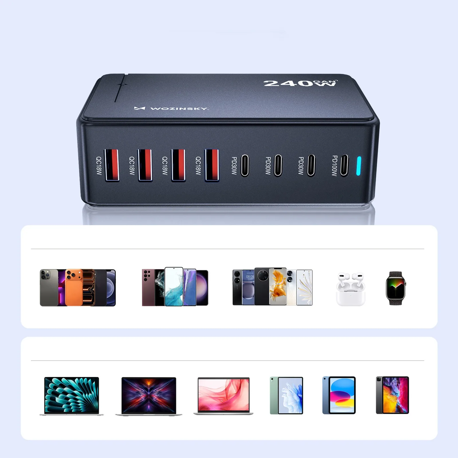 Stacja ładująca biurkowa 4x USB-A 4x USB-C GaN QC3 240W - czarna 10
