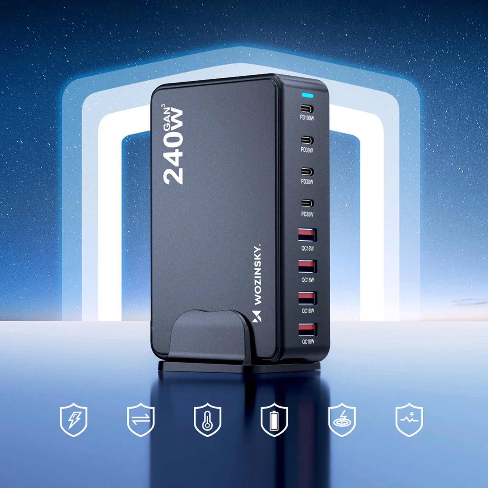 Stacja ładująca biurkowa 4x USB-A 4x USB-C GaN QC3 240W - czarna 8