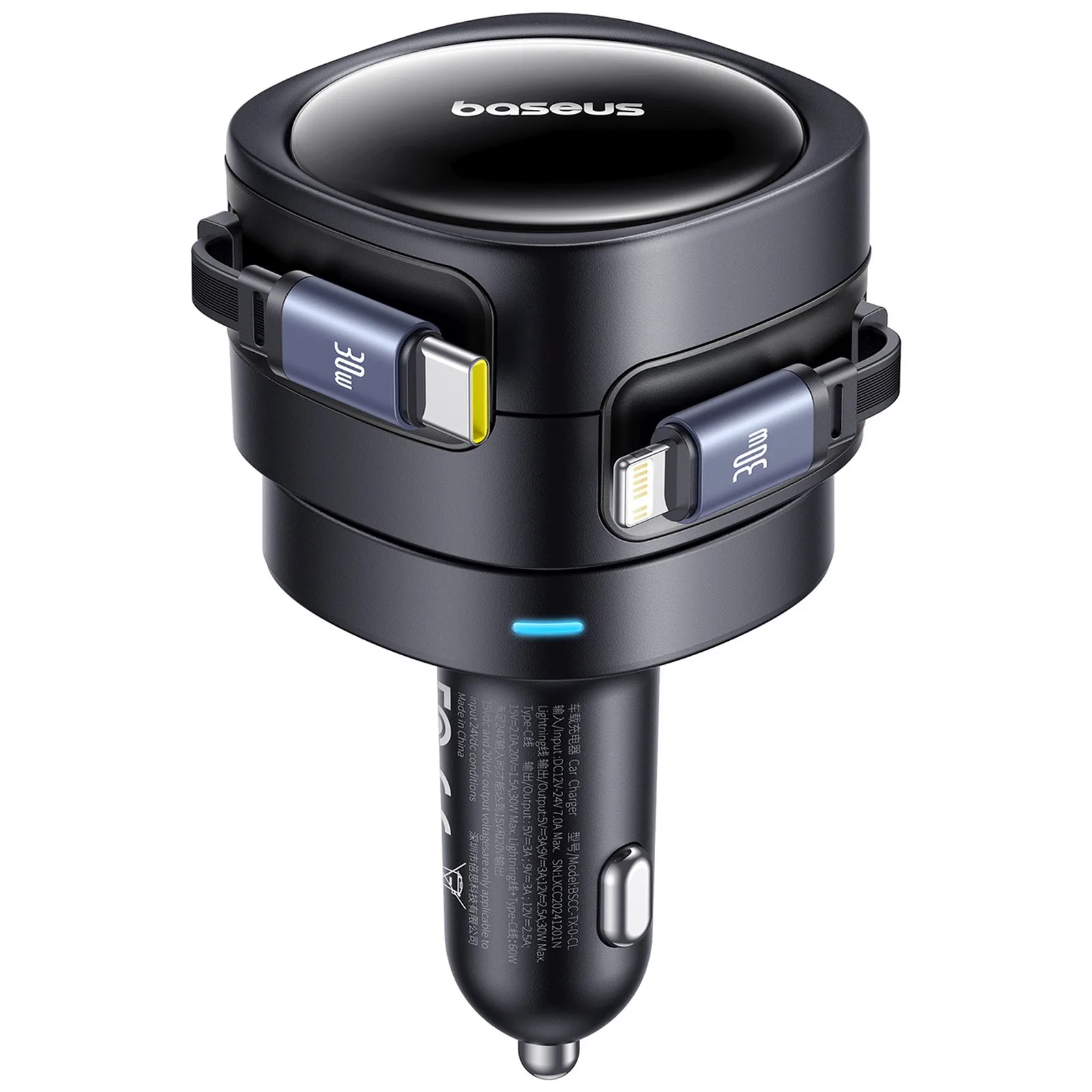 Autoladegerät mit einziehbaren USB-C- und iPhone-Lightning-Kabeln, 60 W – schwarz 2
