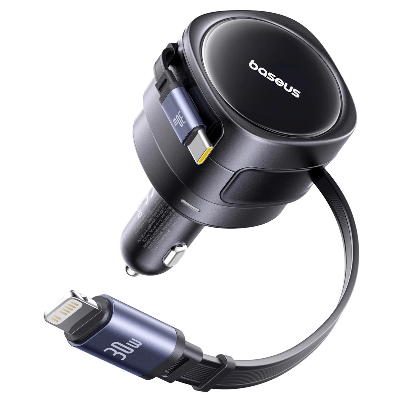 Autoladegerät mit einziehbaren USB-C- und iPhone-Lightning-Kabeln, 60 W – schwarz 3