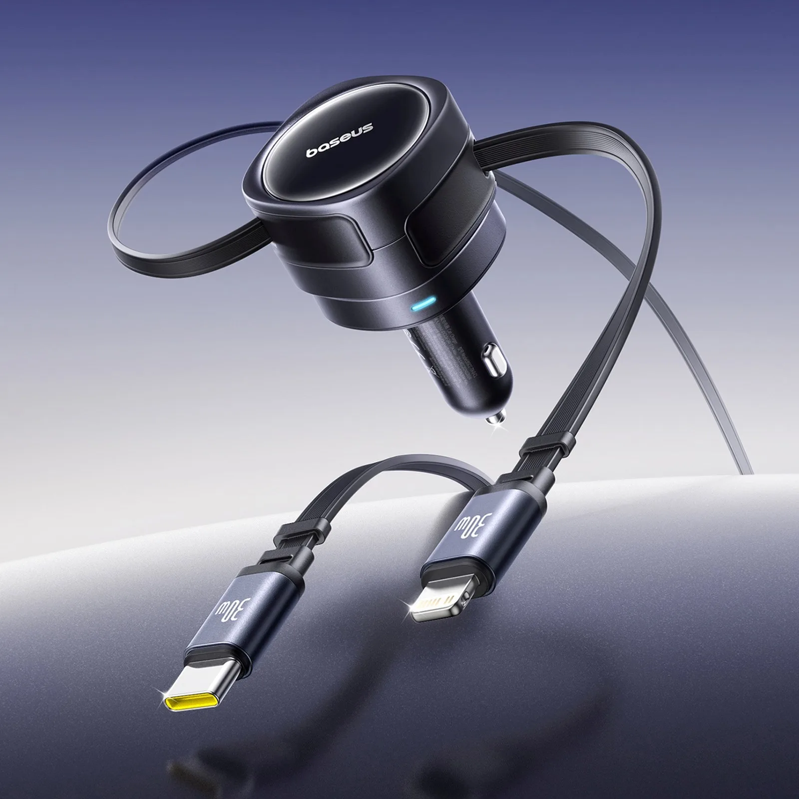 Autoladegerät mit einziehbaren USB-C- und iPhone-Lightning-Kabeln, 60 W – schwarz 6