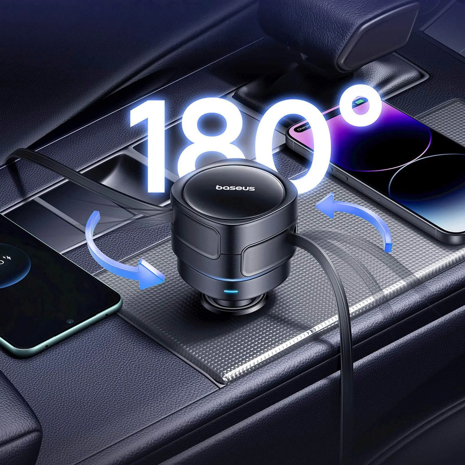 Autoladegerät mit einziehbaren USB-C- und iPhone-Lightning-Kabeln, 60 W – schwarz 7