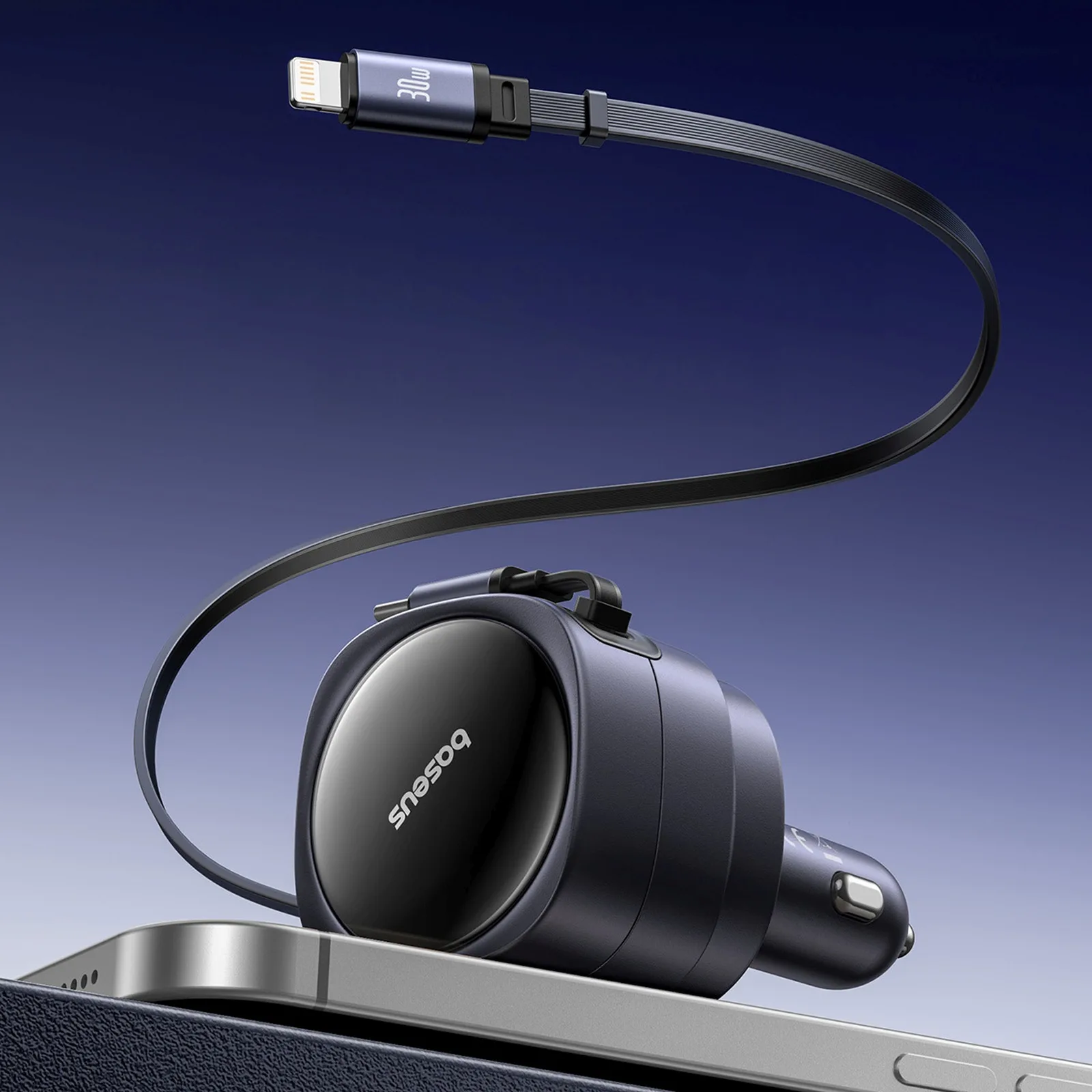 Autoladegerät mit einziehbaren USB-C- und iPhone-Lightning-Kabeln, 60 W – schwarz 9