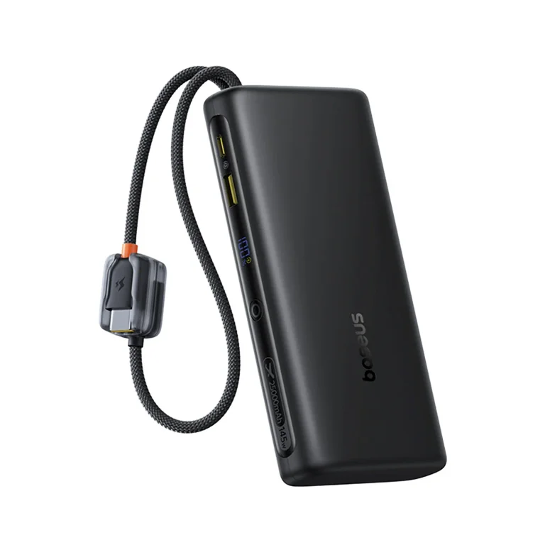 25000mAh 145W-os Power Bank kijelzővel és beépített USB-C kábelekkel - Fekete
