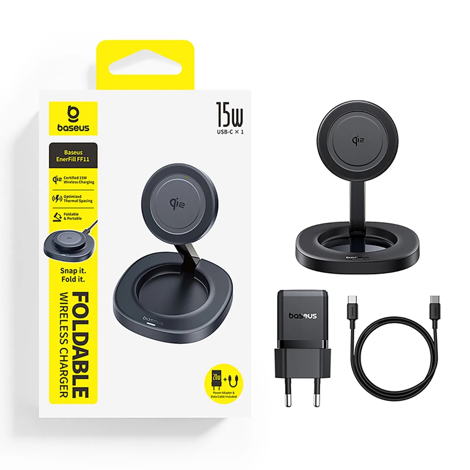 15W sklopivi induktivni punjač s 20W AC adapterom i USB-C kabelom - crna 3