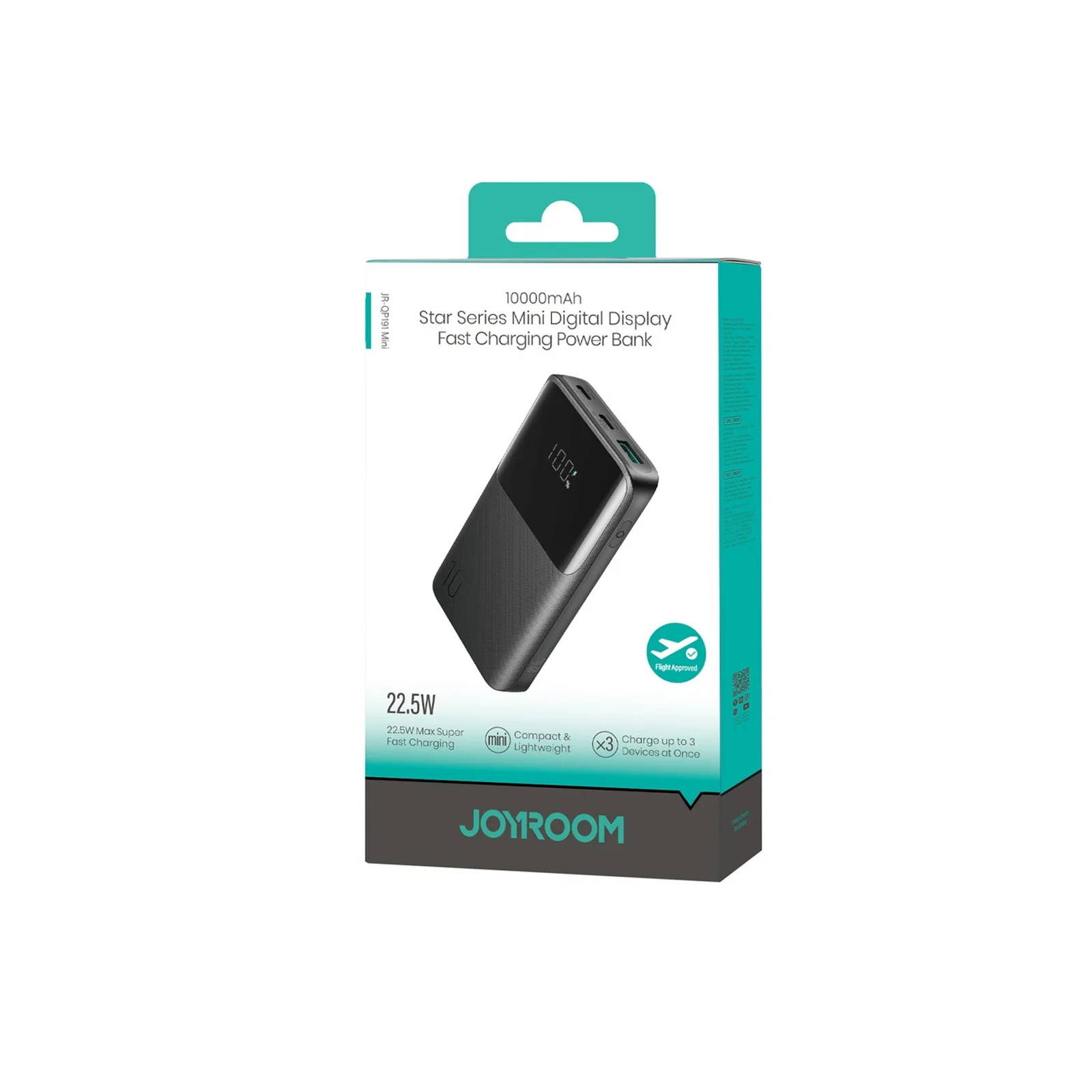 10000mAh 22.5W USB-A USB-C Power Bank kijelzővel JR-QP191 Mini - Fekete 6