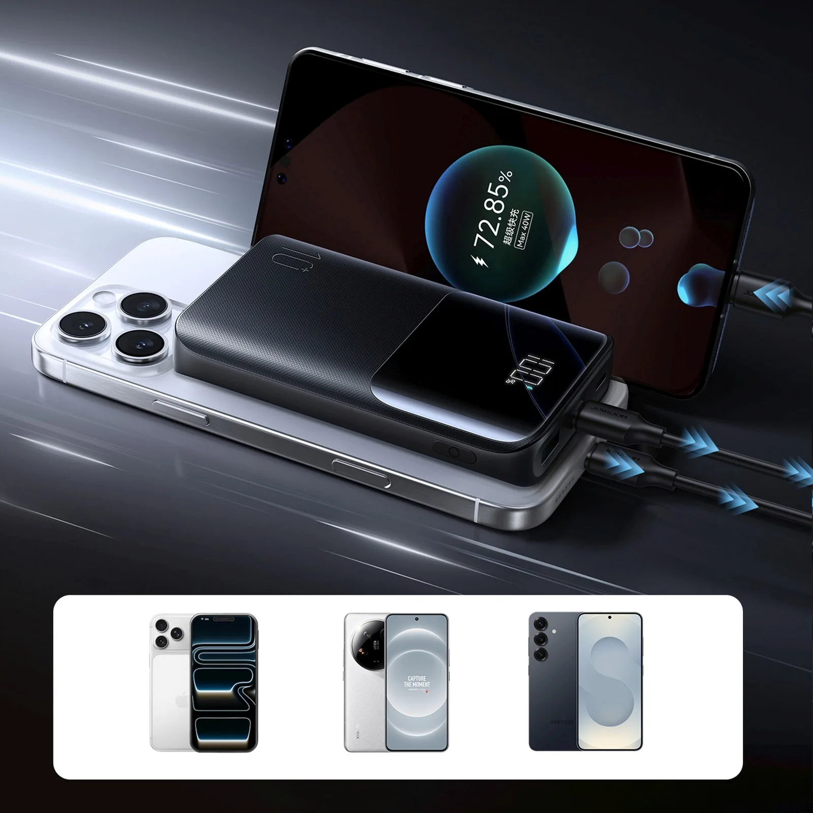 10000mAh 22.5W USB-A USB-C Power Bank kijelzővel JR-QP191 Mini - Fekete 9