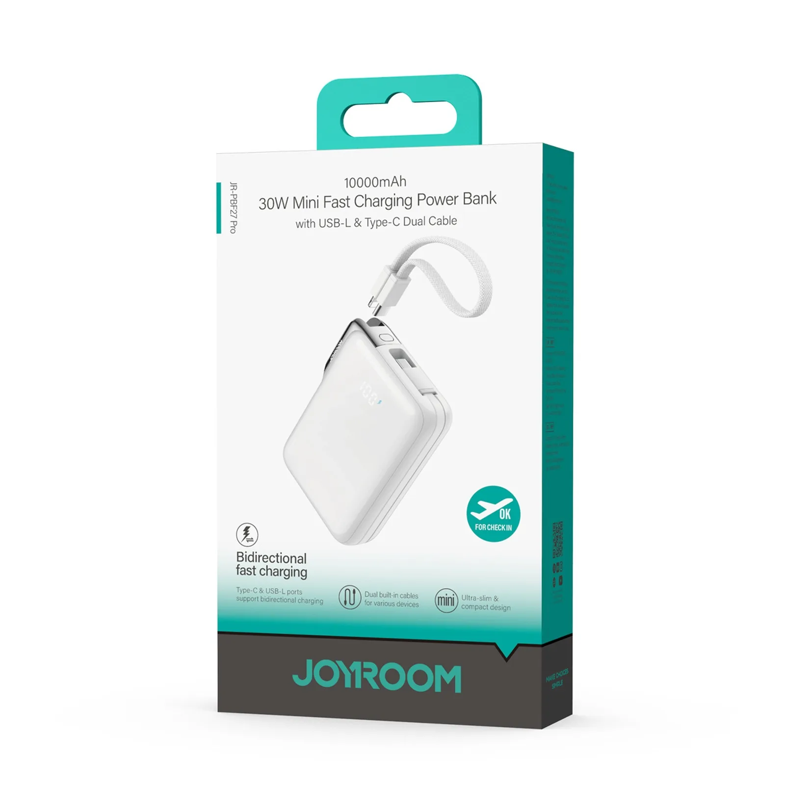 10000mAh 30W Power Bank with Built-in USB-C to iPhone Lightning Cable - White 2