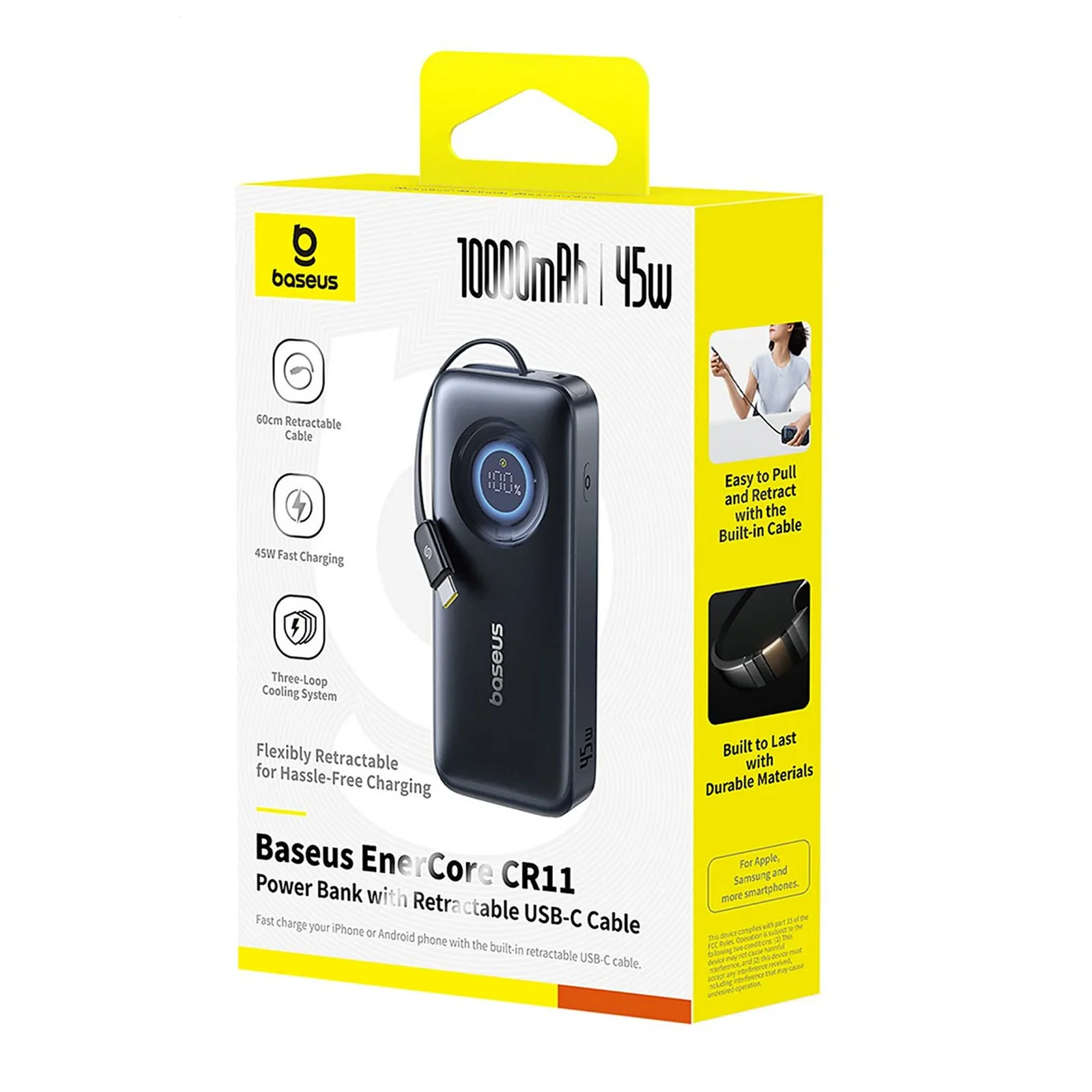 Powerbank 10000mAh 45W USB-C EnerCore CR11 ze zwijanym kablem USB-C - czarny 5