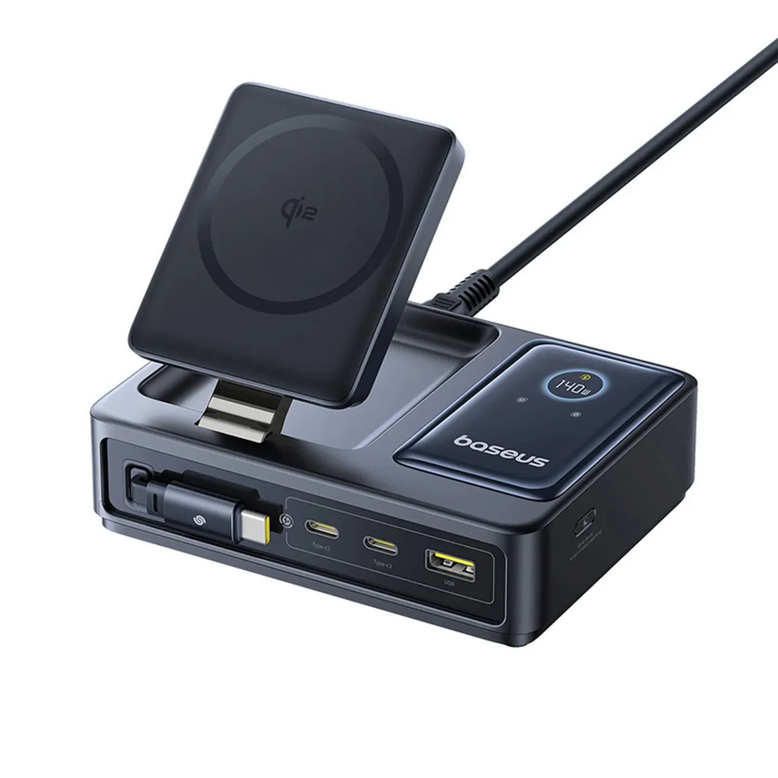 5-in-1-Ladestation USB-A auf USB-C mit einziehbarem Kabel, 140 W Qi2 – Schwarz