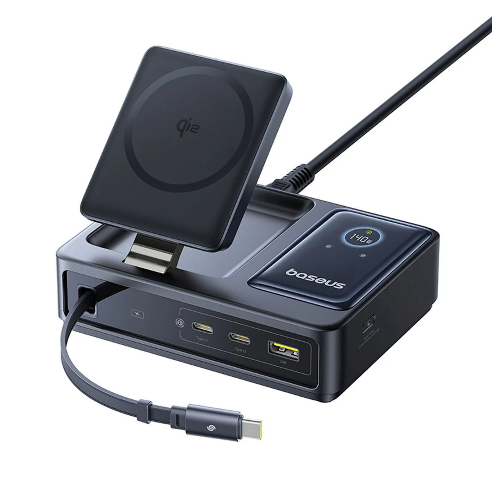 Stacja ładująca 5w1 USB-A UAB-C z wyświetlaczem zwijanym kablem 140W Qi2 - czarna 2