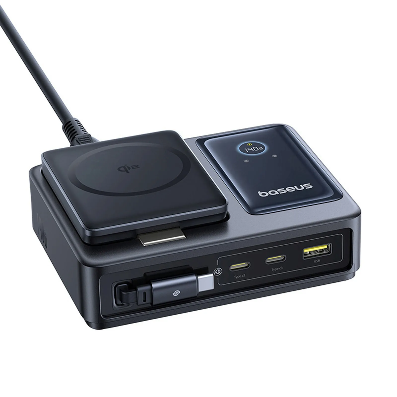 Stacja ładująca 5w1 USB-A UAB-C z wyświetlaczem zwijanym kablem 140W Qi2 - czarna 4