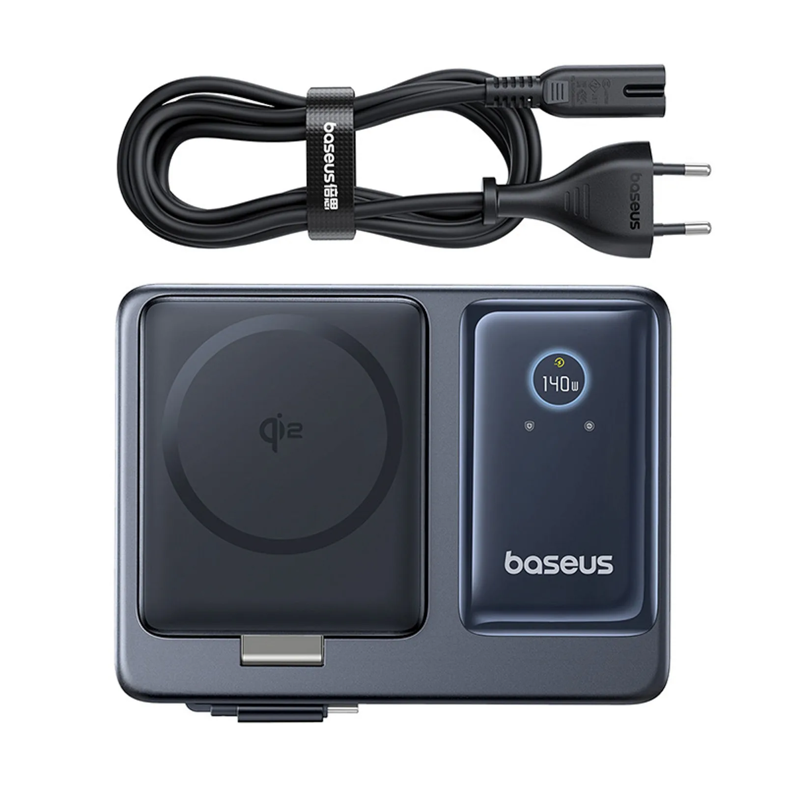 Stacja ładująca 5w1 USB-A UAB-C z wyświetlaczem zwijanym kablem 140W Qi2 - czarna 6