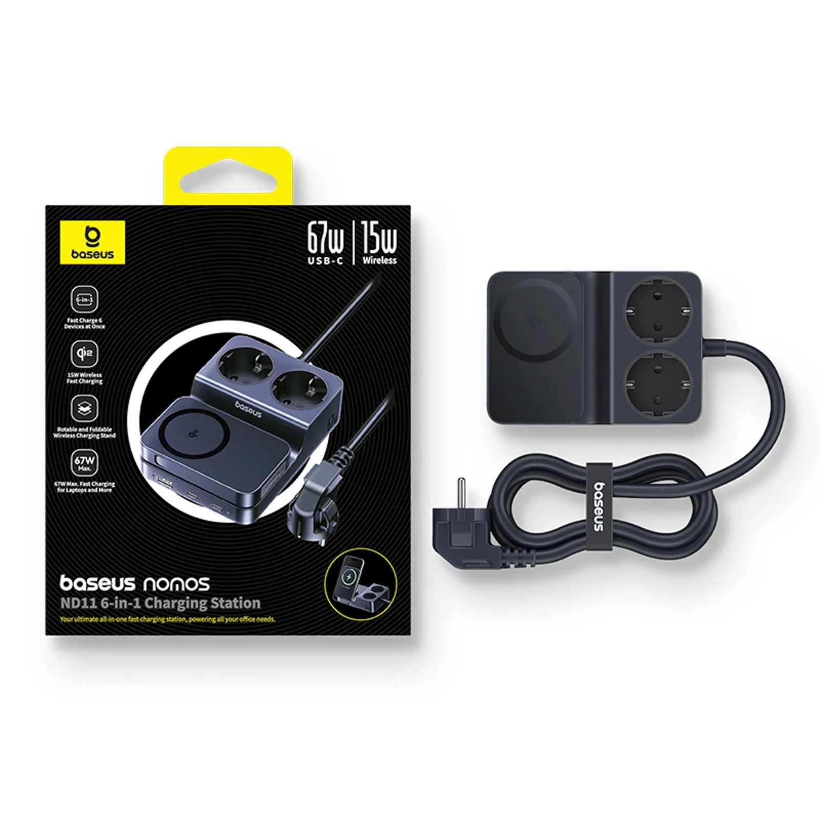 stație de încărcare wireless 6 în 1 USB-A, USB-C, 2 prize AC, 67W - Negru 5