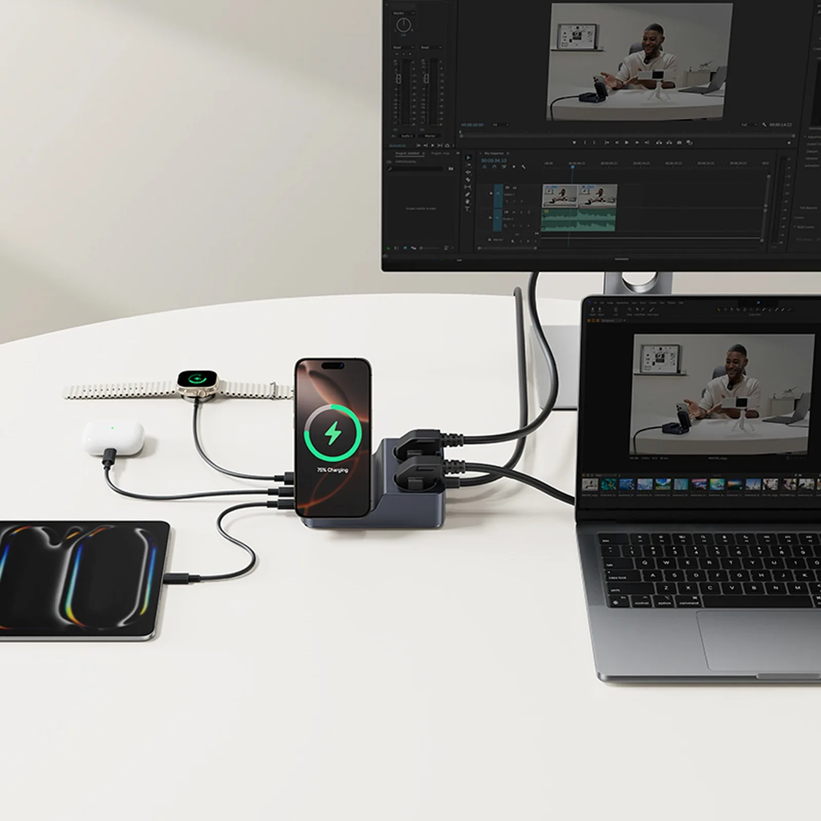 stație de încărcare wireless 6 în 1 USB-A, USB-C, 2 prize AC, 67W - Negru 7