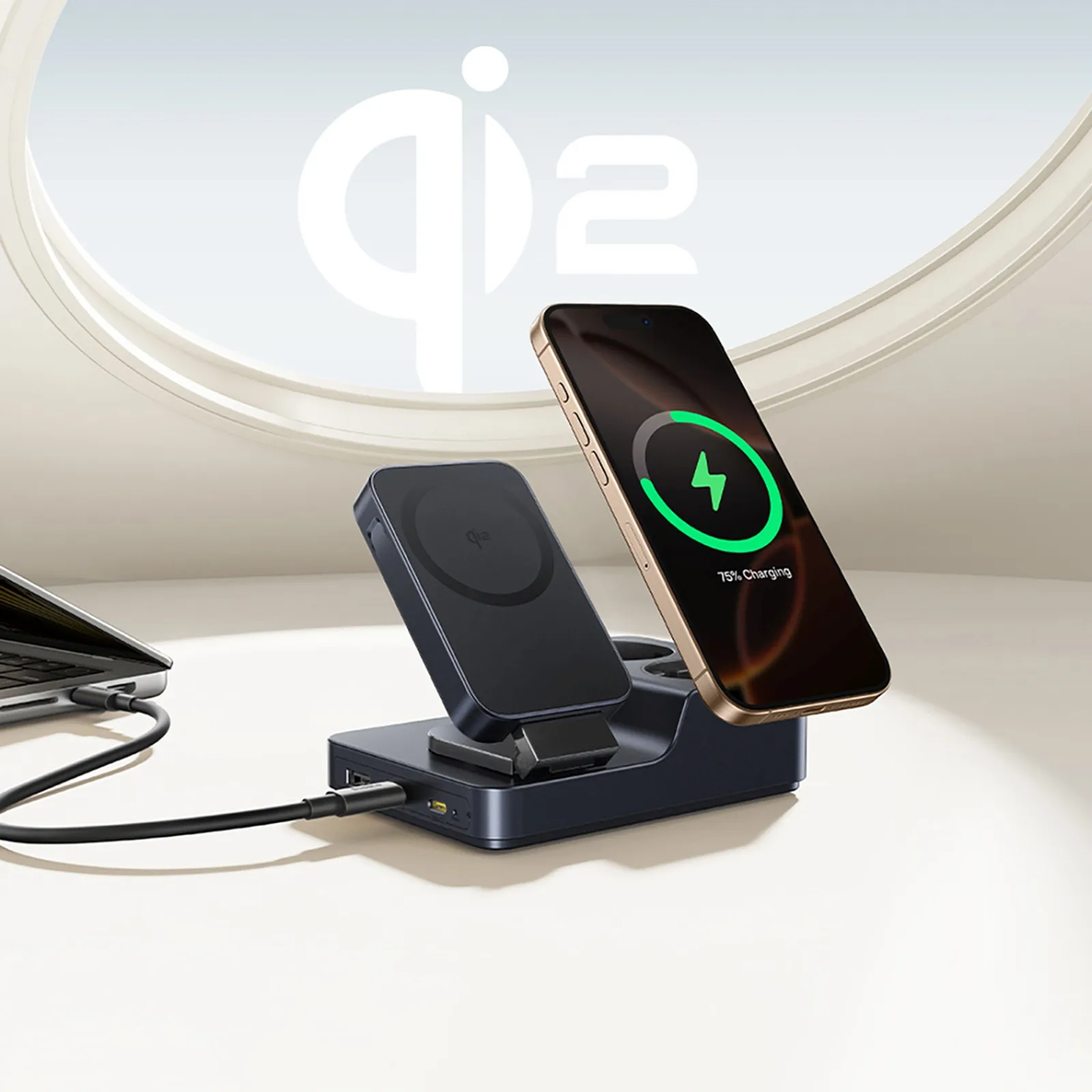 stație de încărcare wireless 6 în 1 USB-A, USB-C, 2 prize AC, 67W - Negru 8