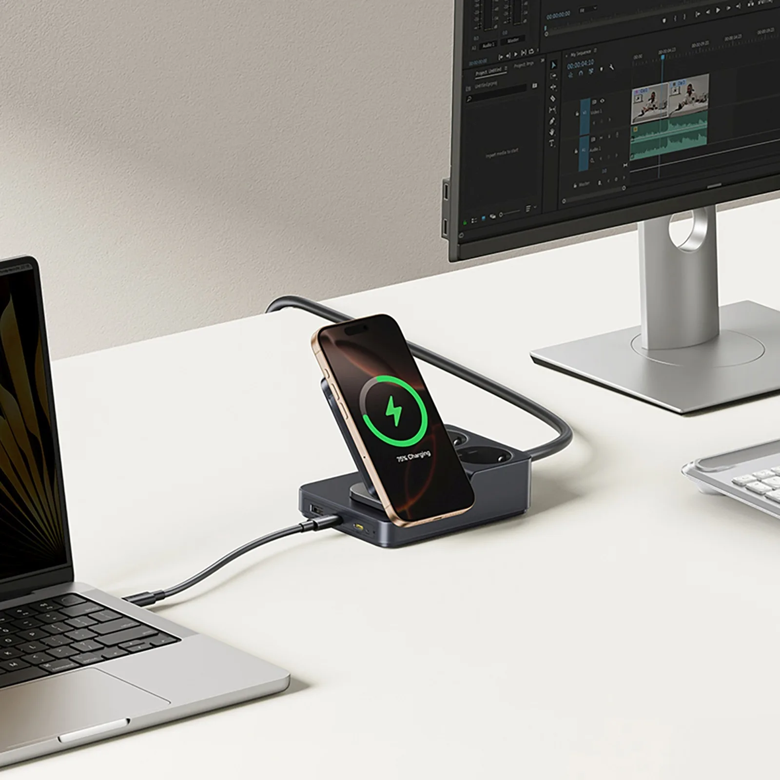 stație de încărcare wireless 6 în 1 USB-A, USB-C, 2 prize AC, 67W - Negru 9