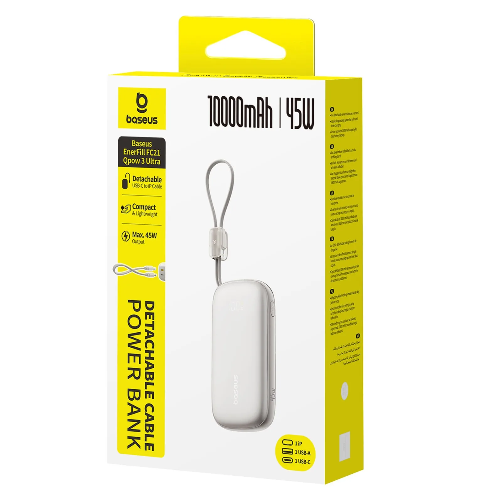 10000mAh 45W FC21 Qpow 3 Ultra Power Bank kijelzővel, USB-C iPhone Lightning kábel - Titánium 4
