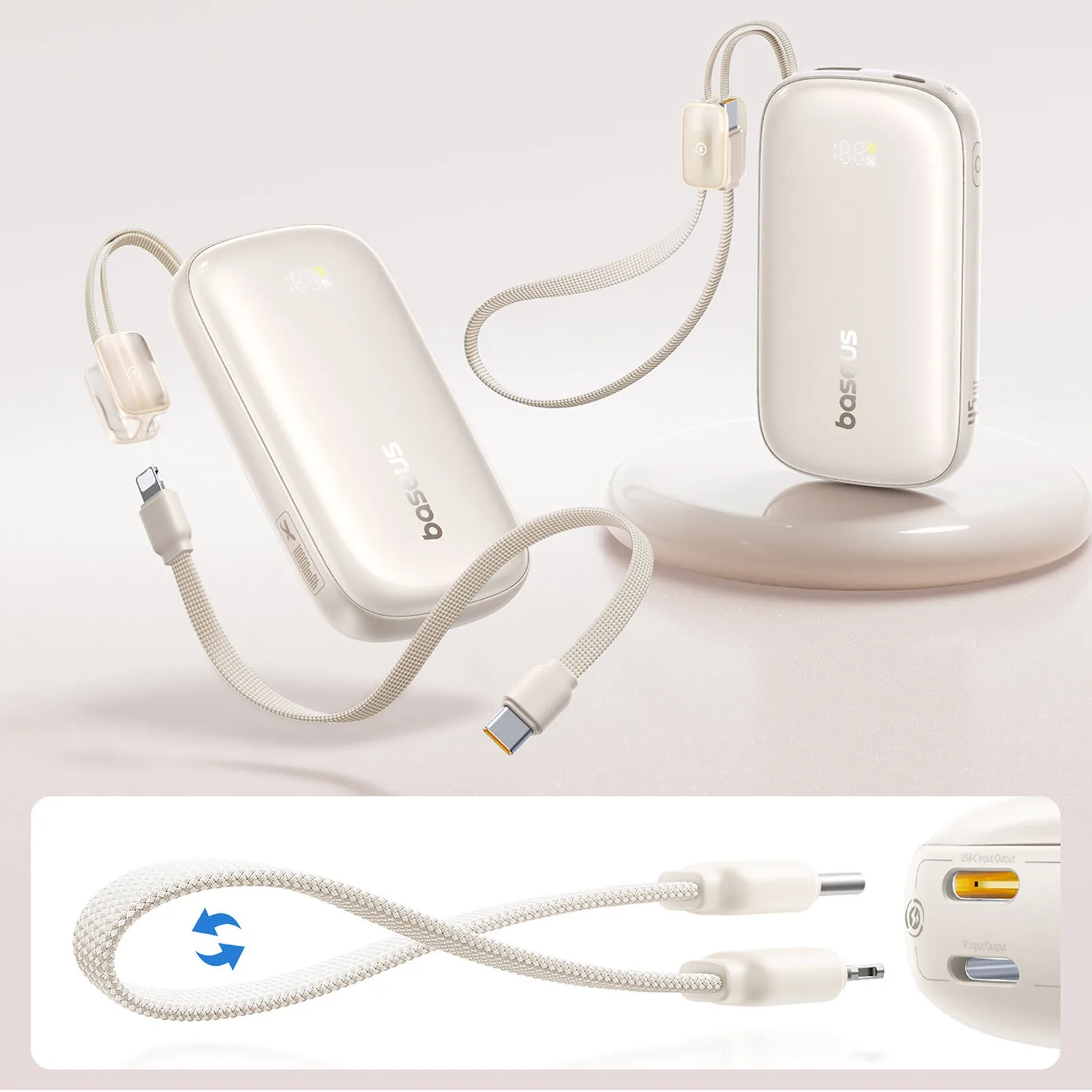10000mAh 45W FC21 Qpow 3 Ultra Power Bank kijelzővel, USB-C iPhone Lightning kábel - Titánium 6