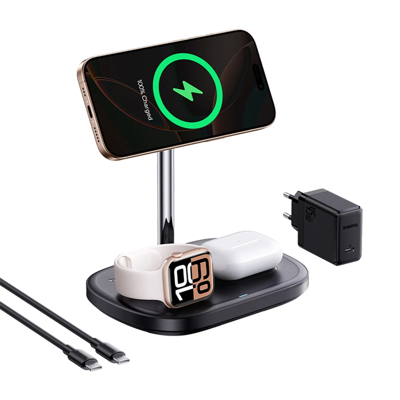 3 az 1-ben induktív töltő okostelefonhoz, órához és fejhallgatóhoz hűtéssel, 45 W-os USB-C kábellel - fekete színben 2