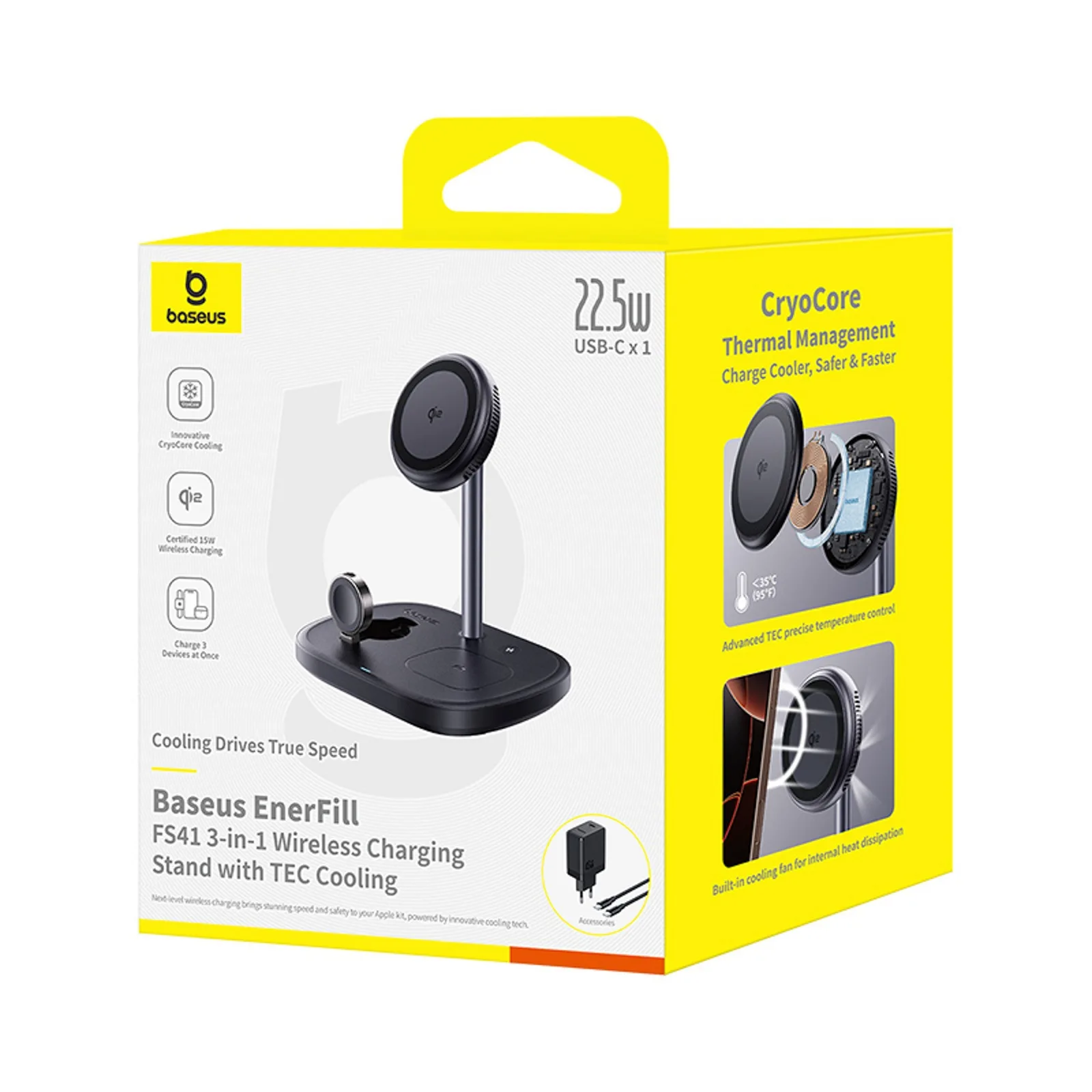 3 az 1-ben induktív töltő okostelefonhoz, órához és fejhallgatóhoz hűtéssel, 45 W-os USB-C kábellel - fekete színben 3