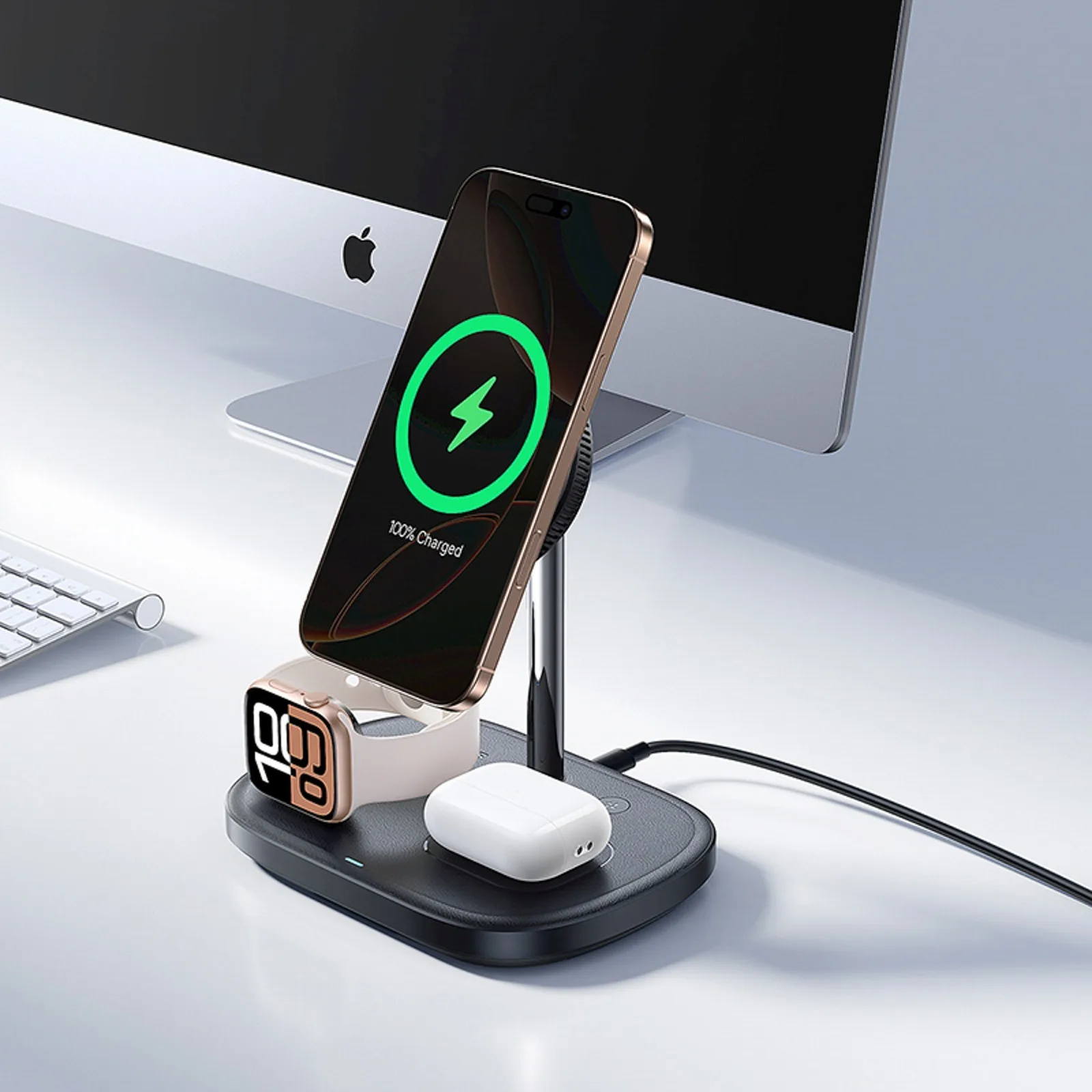 3 az 1-ben induktív töltő okostelefonhoz, órához és fejhallgatóhoz hűtéssel, 45 W-os USB-C kábellel - fekete színben 5