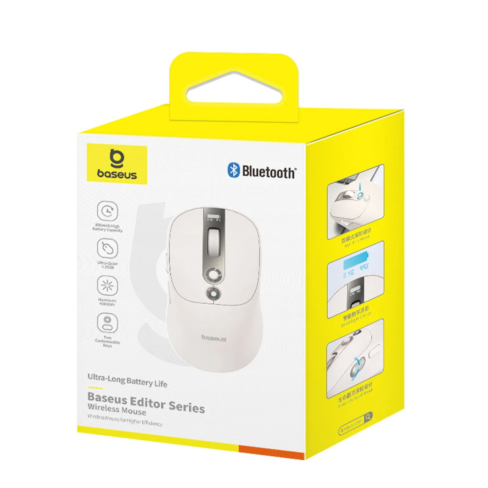 Bezdrôtová myš s nabíjateľnou batériou, indikátorom stavu batérie, 4000 DPI, 800 mAh, 2,4 GHz, BT – biela 10