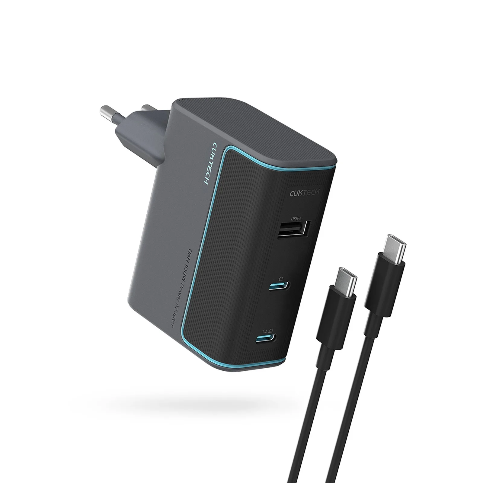 USB-C–USB-A fali töltő USB-C kábellel, GaN 100 W – szürke