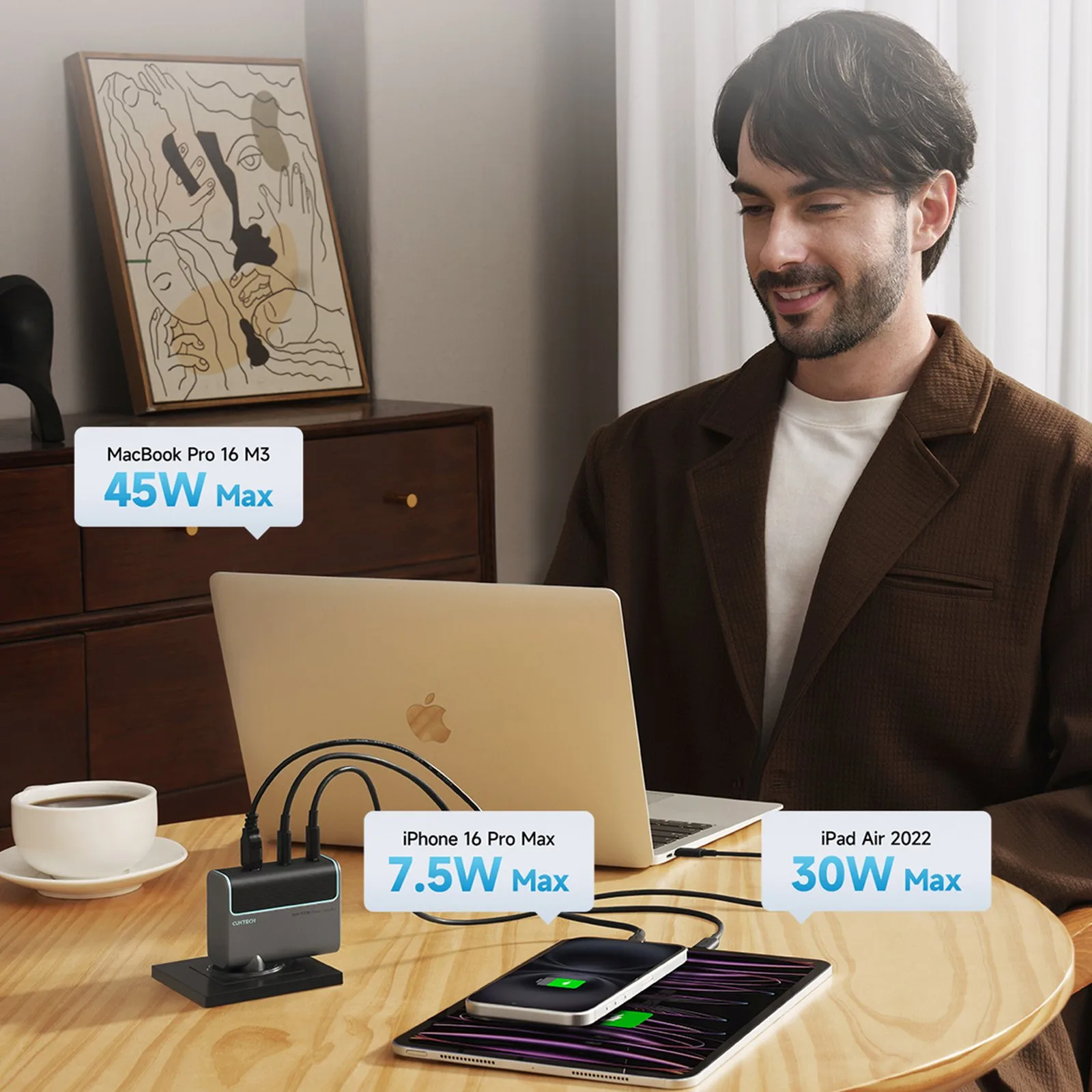Ładowarka sieciowa USB-C USB-A z kablem USB-C GaN 100W - szara 5