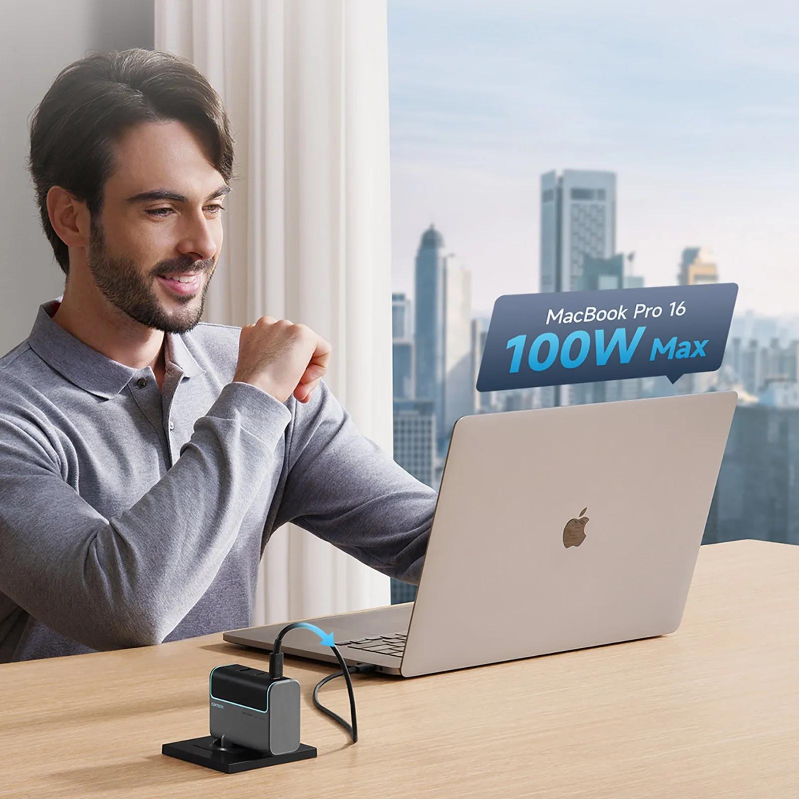 Ładowarka sieciowa USB-C USB-A z kablem USB-C GaN 100W - szara 6