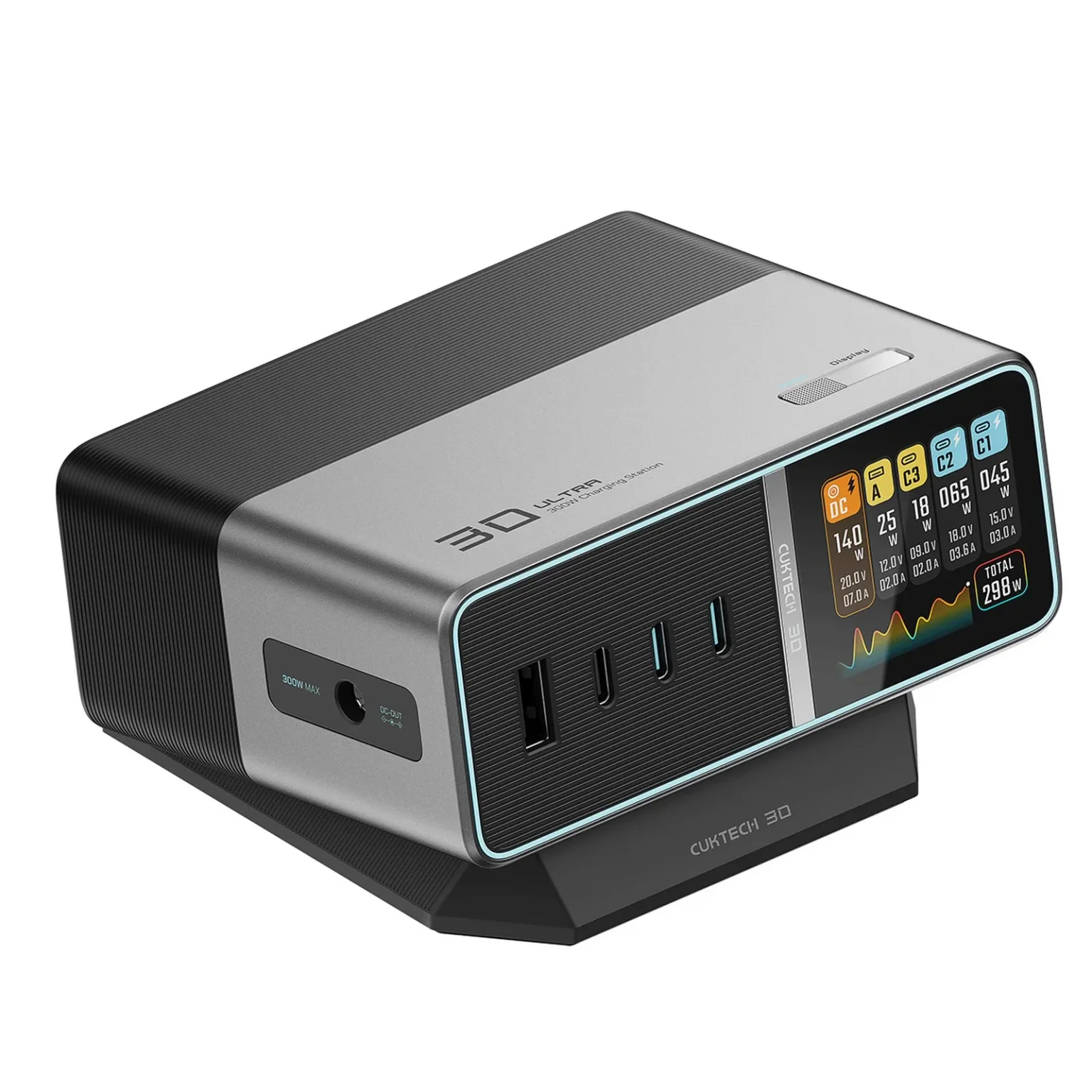5 az 1-ben töltőállomás digitális kijelzővel, USB-A, USB-C, 300 W – ezüst