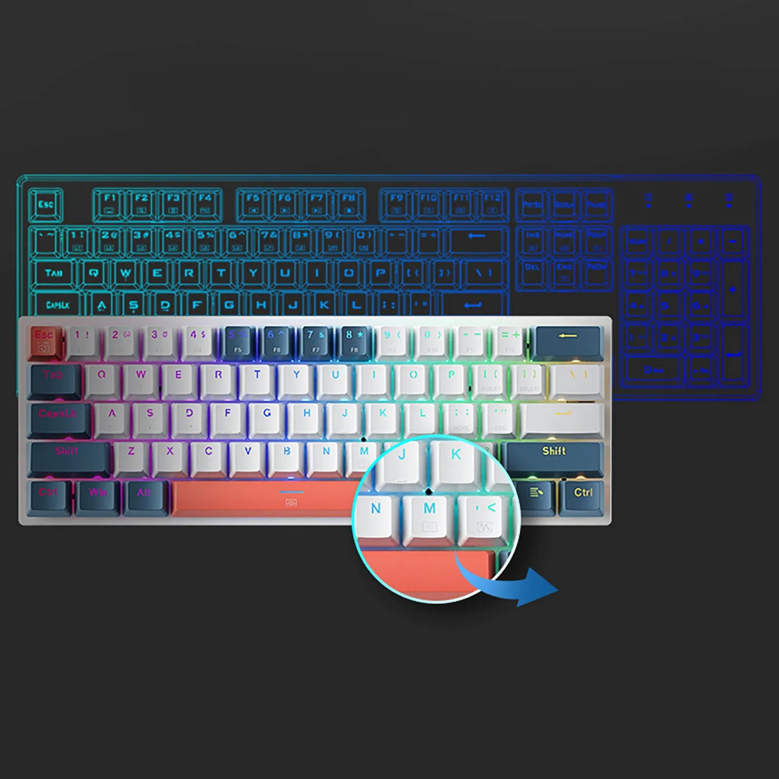 Mechanische Gaming-Tastatur mit kabelgebundenen roten Schaltern und Hintergrundbeleuchtung – Weiß und Blau 8