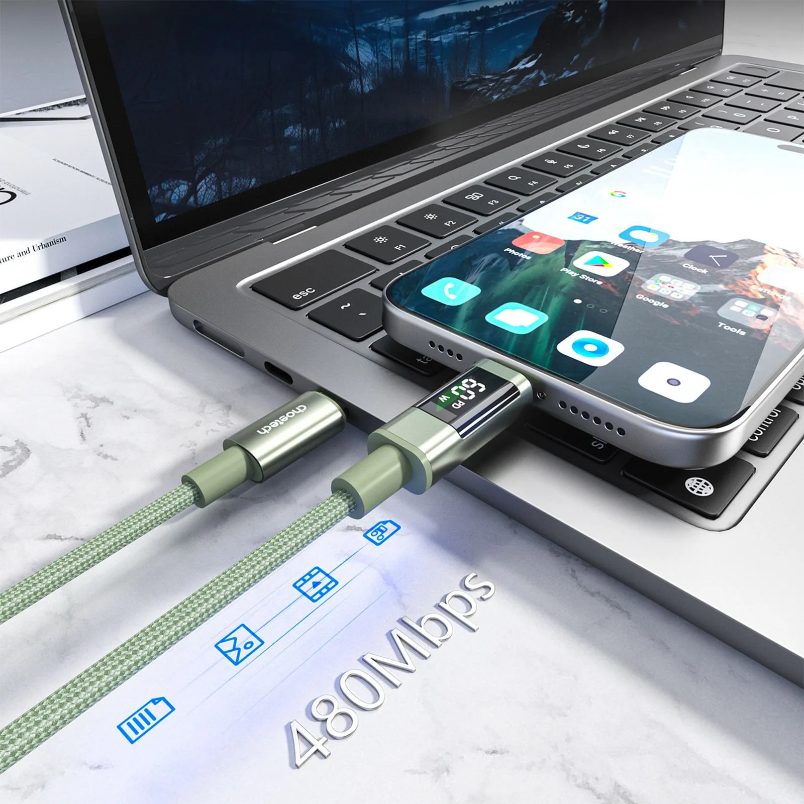 USB-C cable with PD 60 W display, 1.2 m - green 7