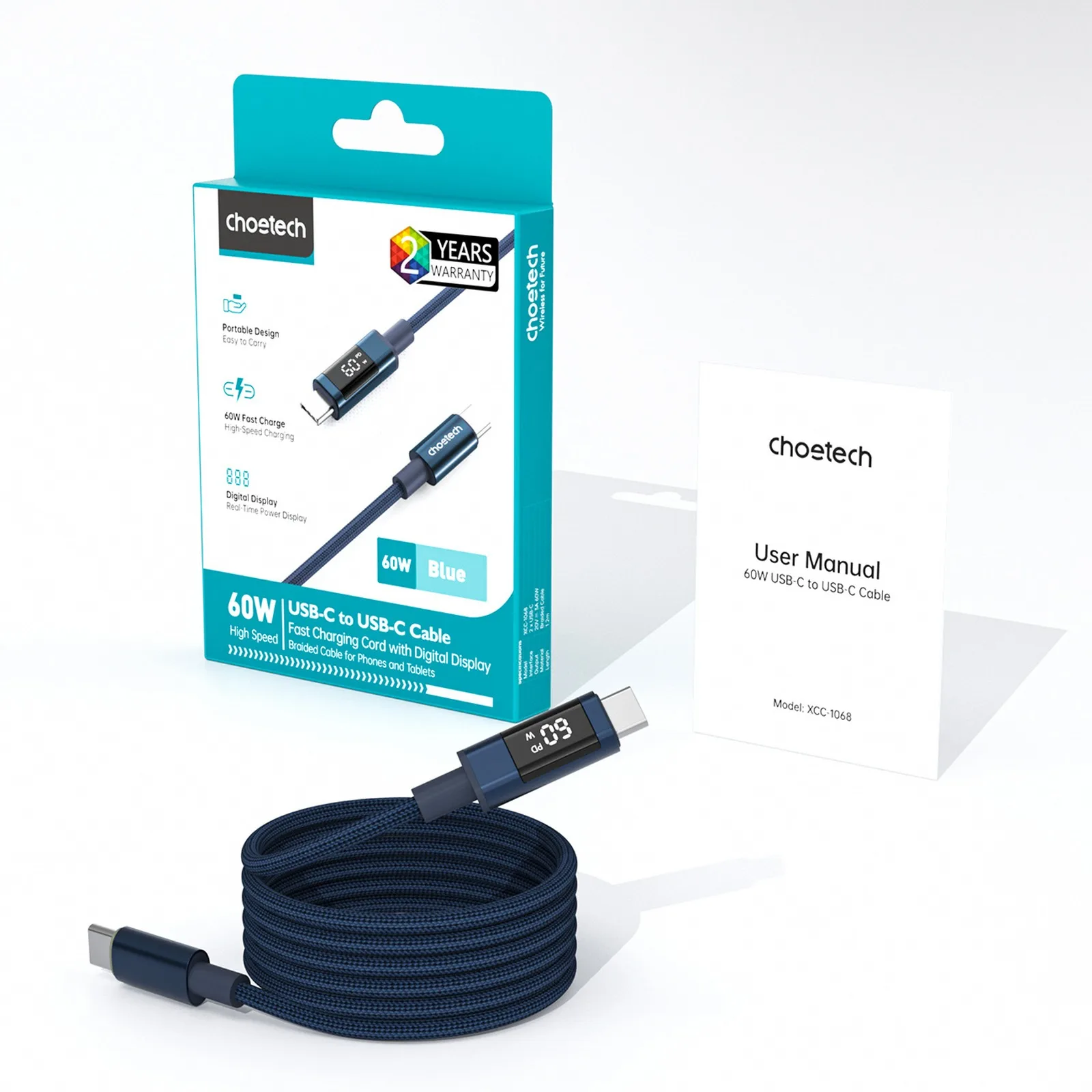 USB-C cable with PD 60 W display, 1.2 m - blue 3