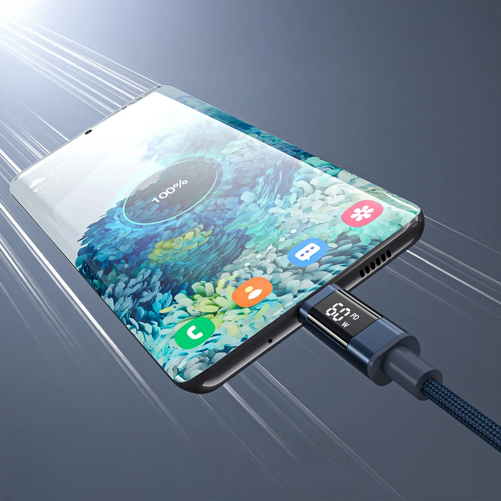 USB-C cable with PD 60 W display, 1.2 m - blue 4