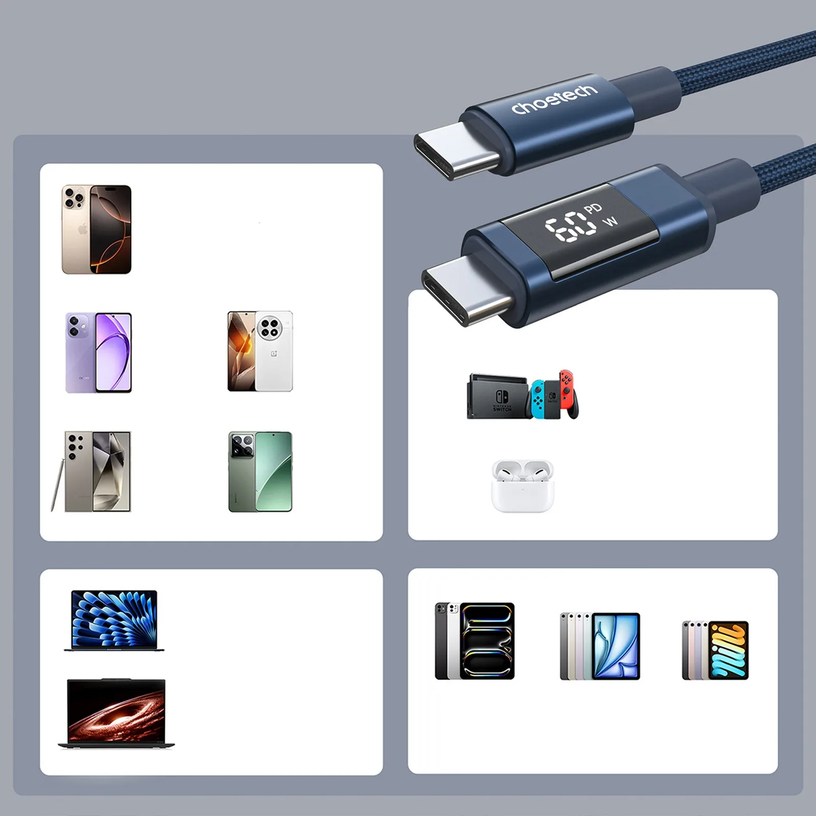 USB-C cable with PD 60 W display, 1.2 m - blue 6