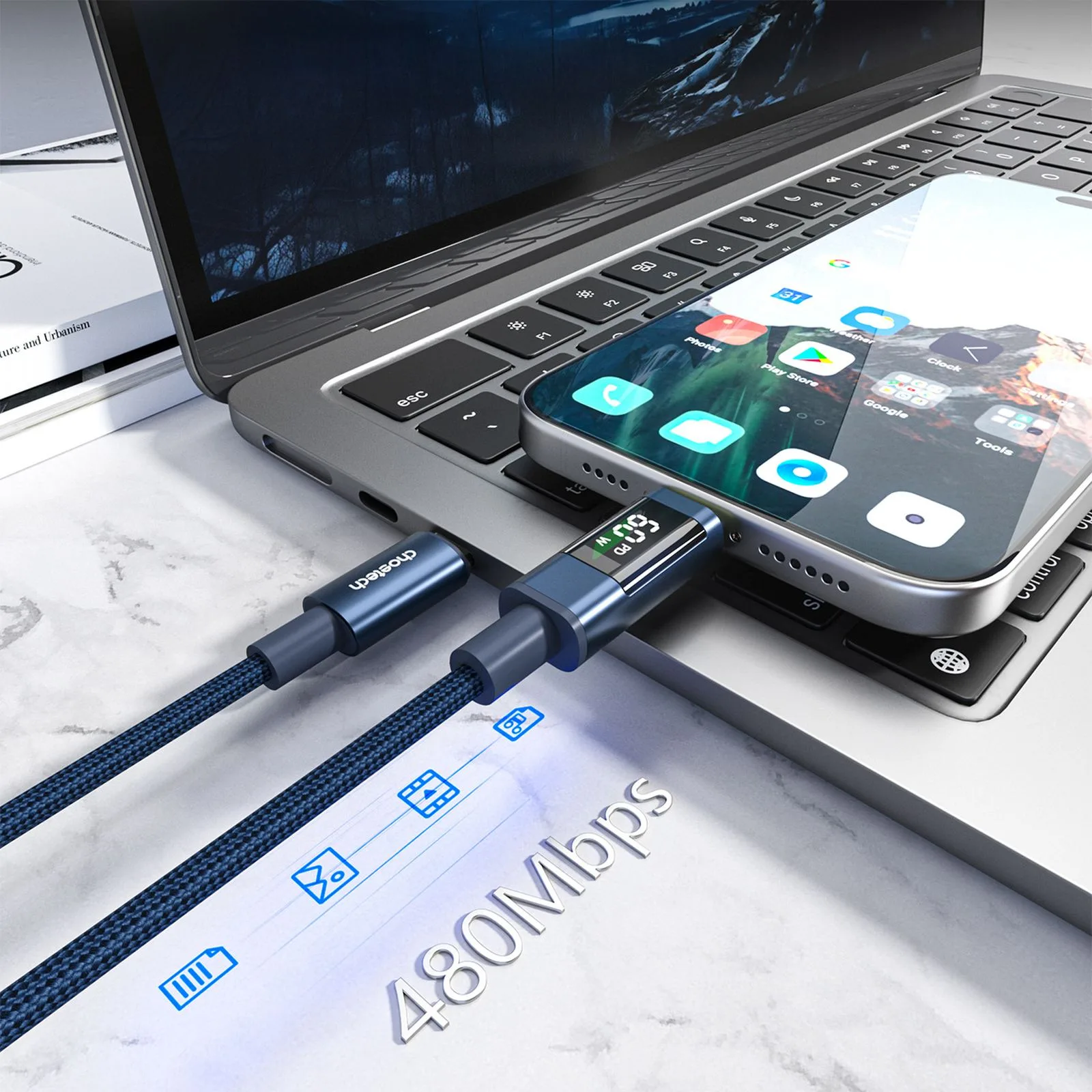 USB-C cable with PD 60 W display, 1.2 m - blue 7