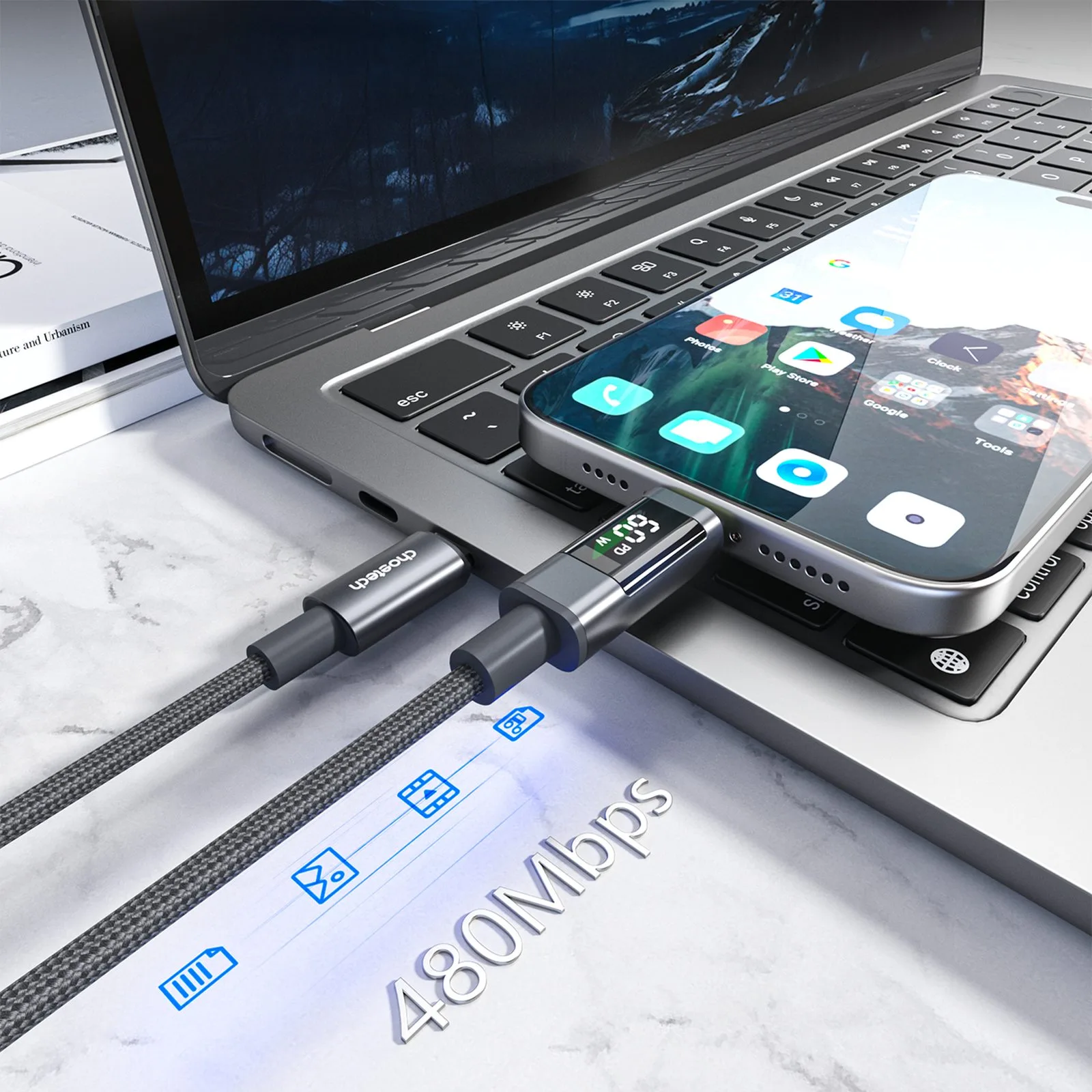 USB-C cable with PD 60 W display, 1.2 m - black 7